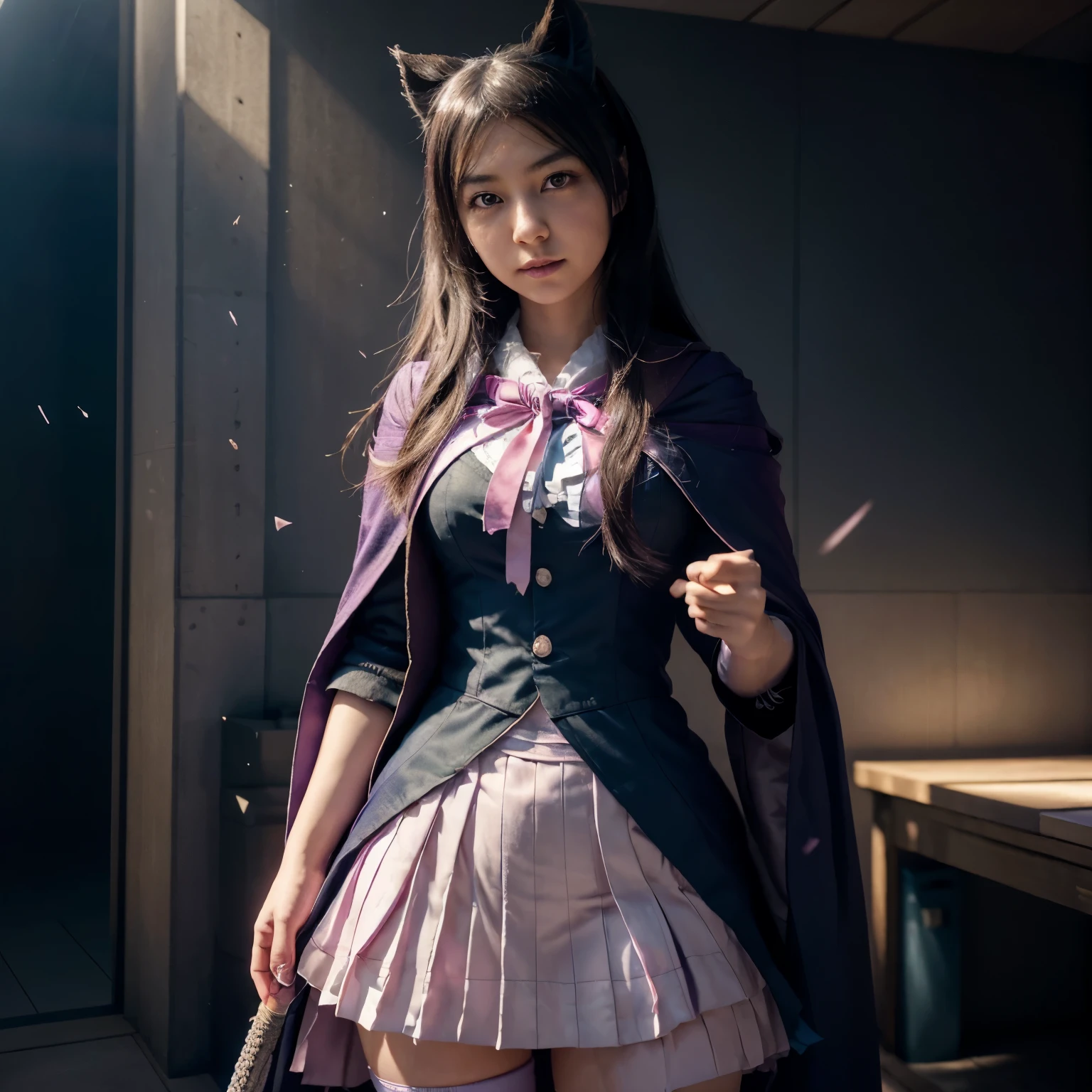 Mioda Ibuki /(Danganronpa/), bank ultra-detailed, masterpiece, illustration, 8k, masterpiece, realistic shadows, wind, gradient, volumetric lighting, cute, ambient lighting, colorful, glowing particles, beautiful detailed eyes 1girl, solo, (original outfit), dungeon background, blue and pink mage outfit, cloak, magic, fantasy
