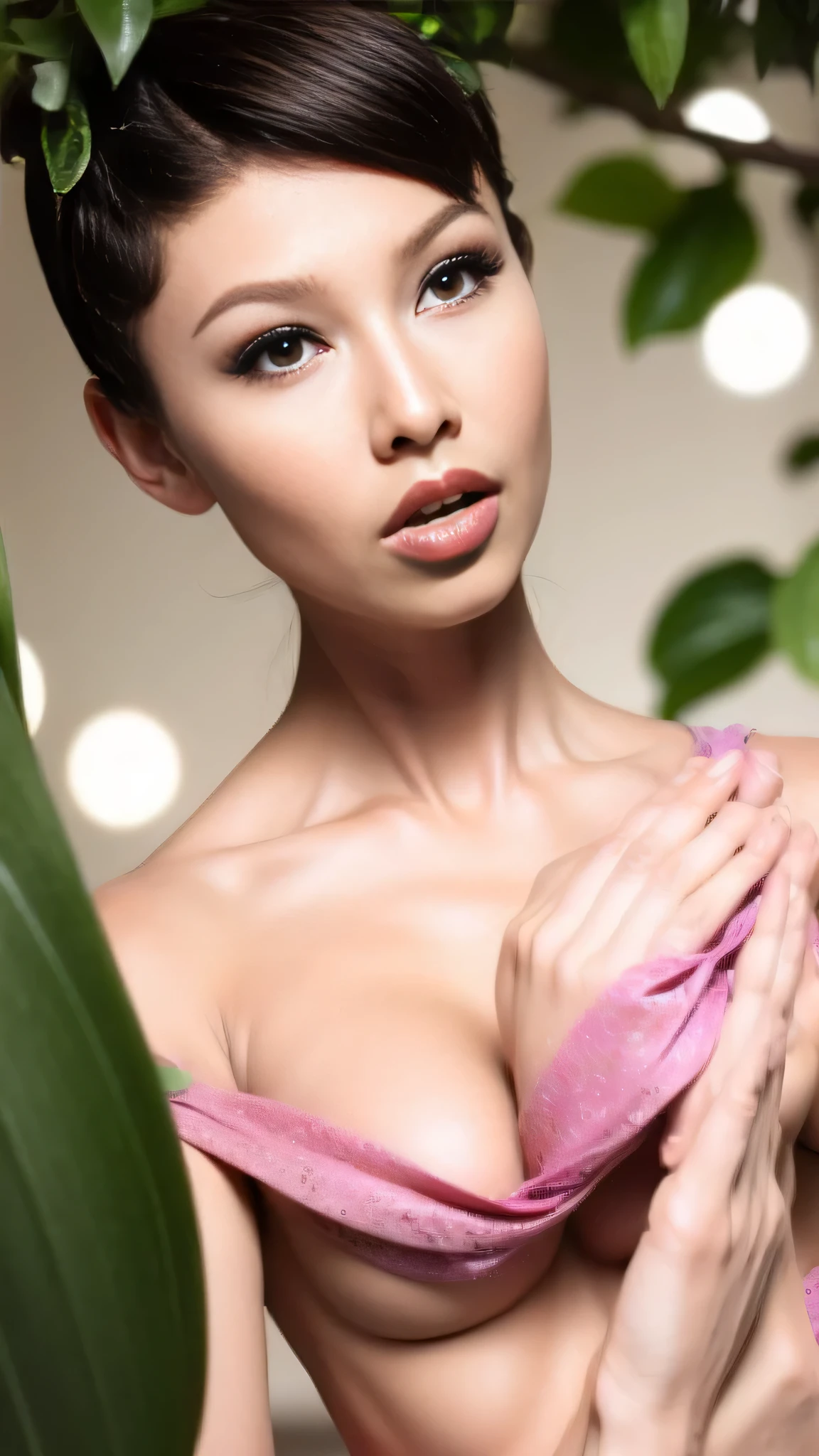 Fashion model 20 years old [[[[Close-up cleavage]]]], [[[[]]]], [[[[rape]]]], [[[[shoulder]]]], perfect eyes, perfect iris，perfect lips，perfect teeth，perfect skin，face slimming，Soft headlight，human development report，girl，casual，The background is green trees and fields；（pastel colors：1.2）