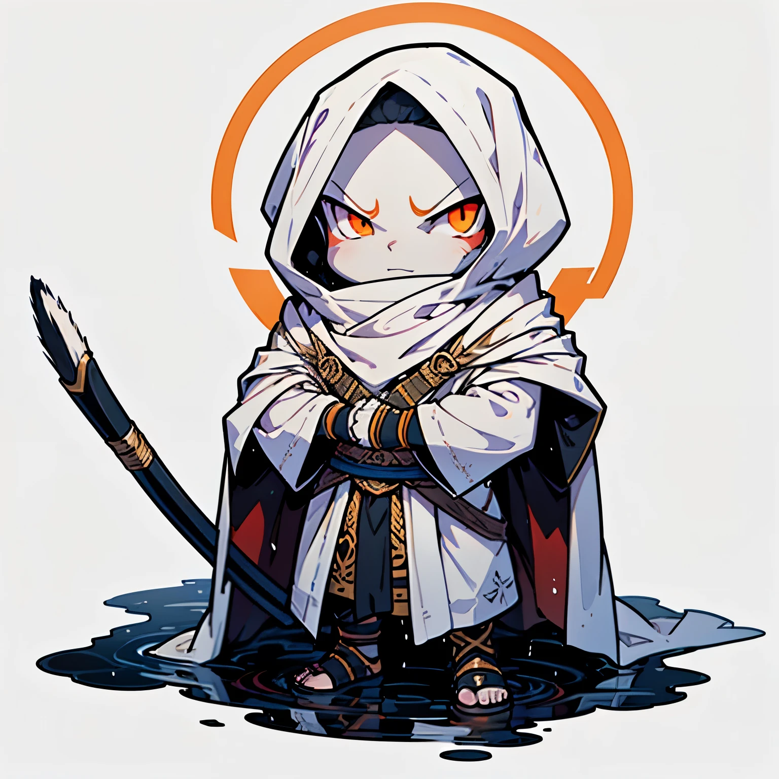 An illustration of a mummy warrior chibi cartoon character, the character wears a robe with a long white cloth covering up to his face, has bright glowing eyes that show his strength and mystery, (simple gradation wet brush stroke background), minimalist, isolated on a transparent background.