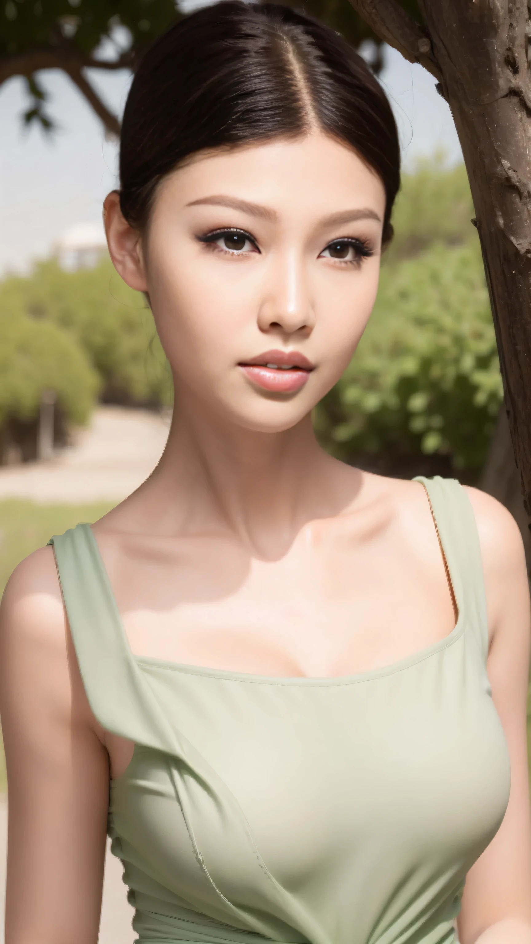 Fashion model 20 years old [[[[Close-up cleavage]]]], [[[[]]]], [[[[rape]]]], [[[[shoulder]]]], perfect eyes, perfect iris，perfect lips，perfect teeth，perfect skin，face slimming，Soft headlight，human development report，girl，casual，The background is green trees and fields；（pastel colors：1.2）