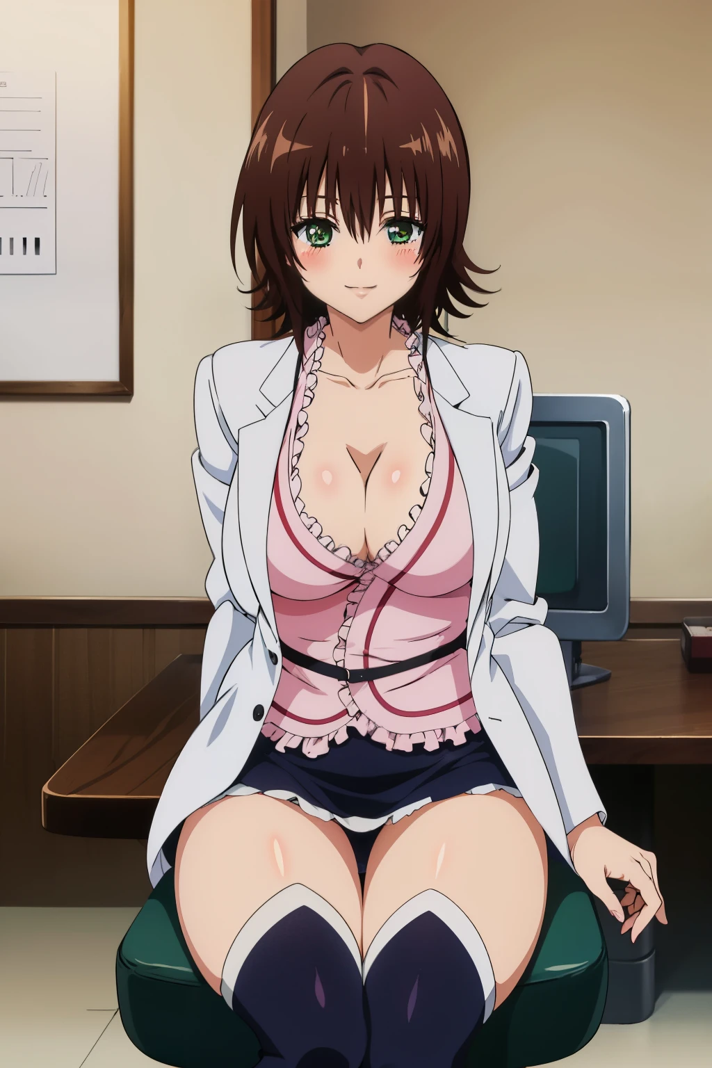 anime screencap, masterpiece, best quality, high resolution, 2D, anime cels, best quality, high resolution, 1woman, mikado ryouko, labcoat, skirt, black thighhighs, (large breasts:1.2), blush, smile, cleavage, looking at veiwer, chair, sitting, wiedow, cowboy shot, hospital