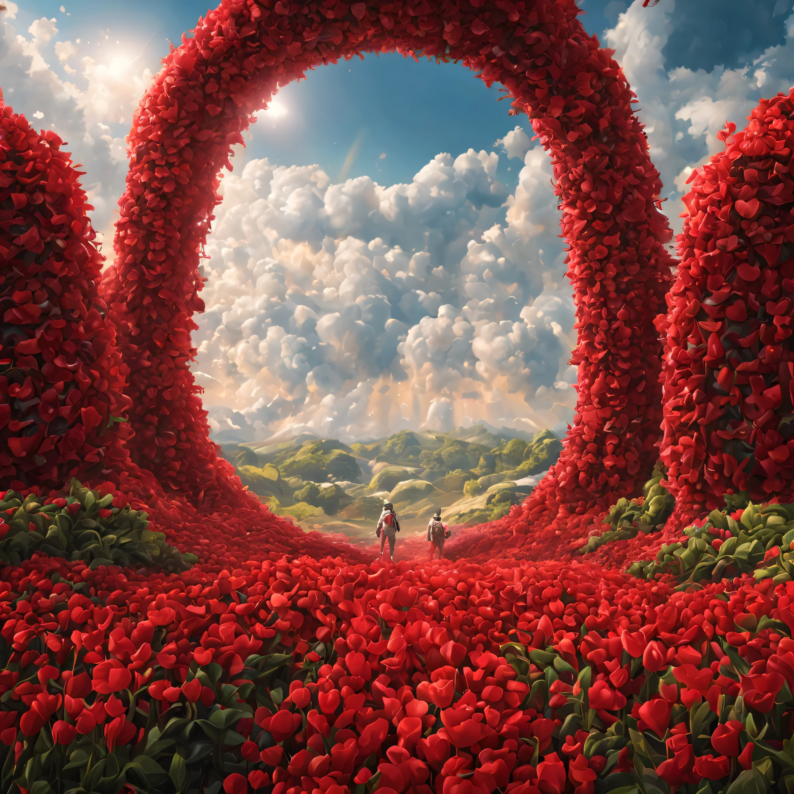 create a beautiful matte painting of a large field of red flowers in the shape of red hearts, the field is within a forest with several tall trees and different plants around the field, adicione uma clareira no centro deste grande campo, near a surrounding forest there is a gigantic interdimensional sci-fi portal well detailed with signal lights, shiny steel material and in front of him on a huge portal access staircase a male astronaut in white space uniform looks at the portal, This scene is on a sunny day with a blue sky in the background, 8k, various details in the matte painting scene