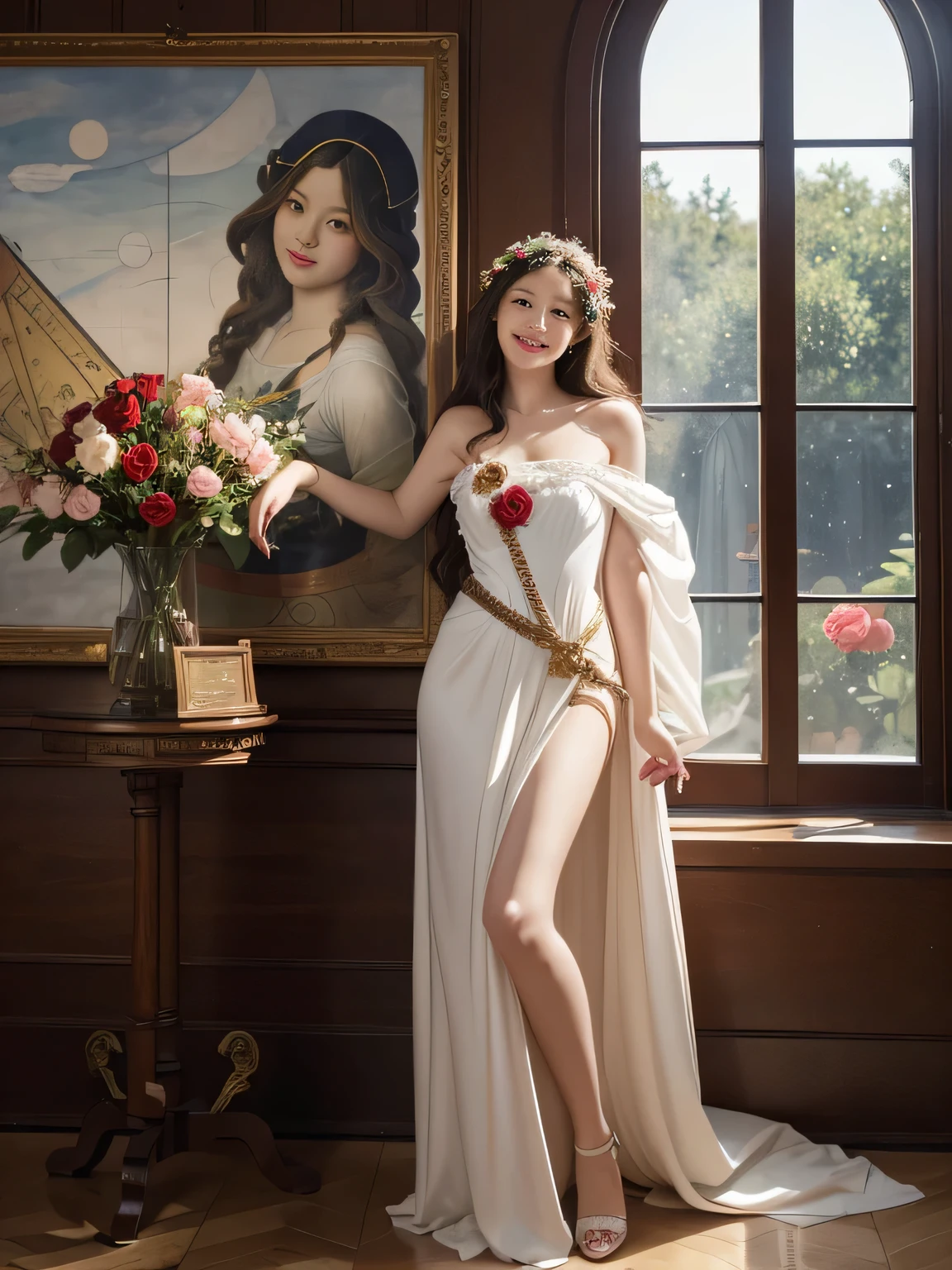 full body portrait or statue、Stained glass、Vigée Leblanc style、math、Astronomical machinery、astronaut、roses in vase、fruits、Cute trinkets、smile、ancient greek costume、Sandro Botticelli paintings、Clothes that stretch your shoulders、A big smile、expression of ecstasy、sexy、beautiful bare skin、A detailed representation of the seducing woman throughout her body.