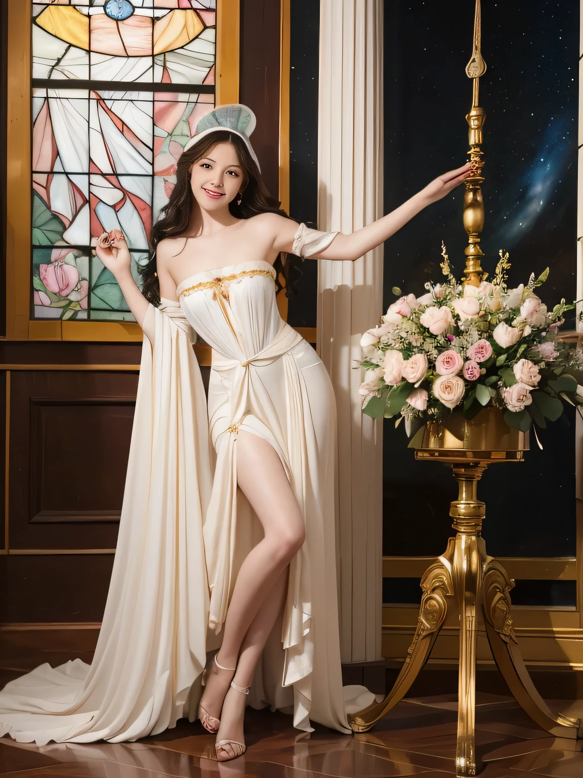 full body portrait or statue、Stained glass、Vigée Leblanc style、math、Astronomical machinery、astronaut、roses in vase、fruits、Cute trinkets、smile、ancient greek costume、Sandro Botticelli paintings、Clothes that stretch your shoulders、A big smile、expression of ecstasy、sexy、beautiful bare skin、A detailed representation of the seducing woman throughout her body.
