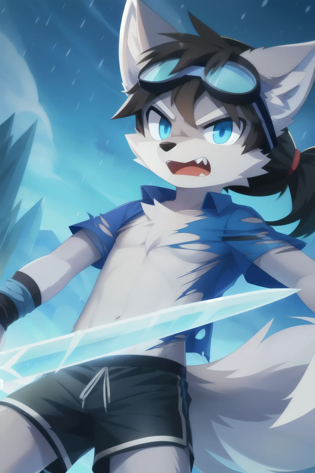Furry shota, Young, wolf, black hair, long spiky ponytail, blue eyes, detailed body fur, ((torn clothes, blue hawaiian shirt, open clothes, black swim trunks, goggles)), masterpiece, looking at you, fangs, clear grey body fur, detailed face, big eyebrows, detailed eyes, detailed body, detailed body fur, detailed hands, flat body, glistering body, shiny body, skinny, angry expresion, open mouth, looking at you, glow throughout the scene, down angle, snow forest, snow rain, injured, epic portait, ice power, fight act, action pose, (ice sword, holding a ice sword),