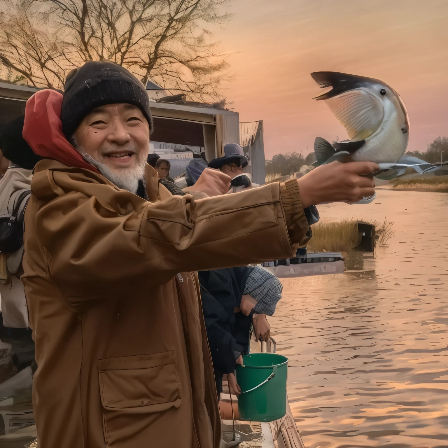 Araffen, die einen Fisch im Maul halten, und eine Person, who is holding a bucket, holds a fish in his hand, Fisch im Hintergrund, proudly holds a salmon in her hand, von Jan Tengnagel, photo aufgenommen im Jahr 2 0 2 0, jesper esjing, Ernie Chan, Eine tolle Zeit haben, aufgenommen im Jahr 2 0 2 0, by Frederik Vermehren