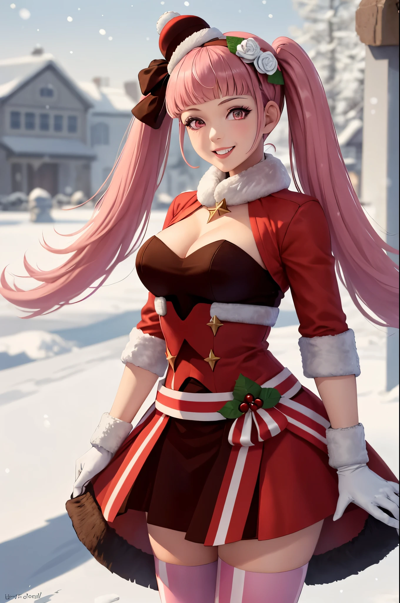 (masterpiece, best quality:1.2), christmas, snowing, solo, 1girl, hildaholiday, grin, looking at viewer, twintails, hair flower, hat, fur trim, red dress, clothing cutout, fur-trimmed sleeves, white gloves, striped thighhighs, cleavage, outdoors 