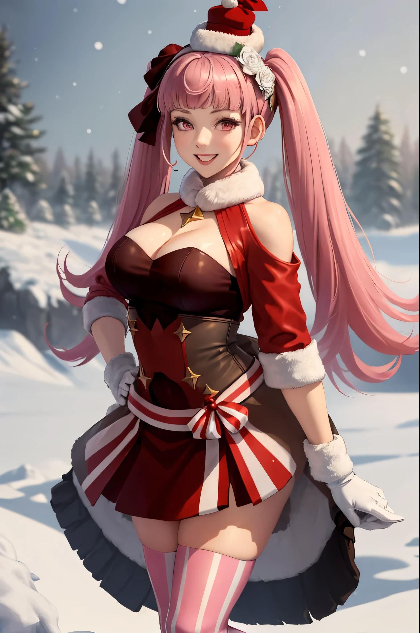 (masterpiece, best quality:1.2), christmas, snowing, solo, 1girl, hildaholiday, grin, looking at viewer, twintails, hair flower, hat, fur trim, red dress, clothing cutout, fur-trimmed sleeves, white gloves, striped thighhighs, cleavage, outdoors 