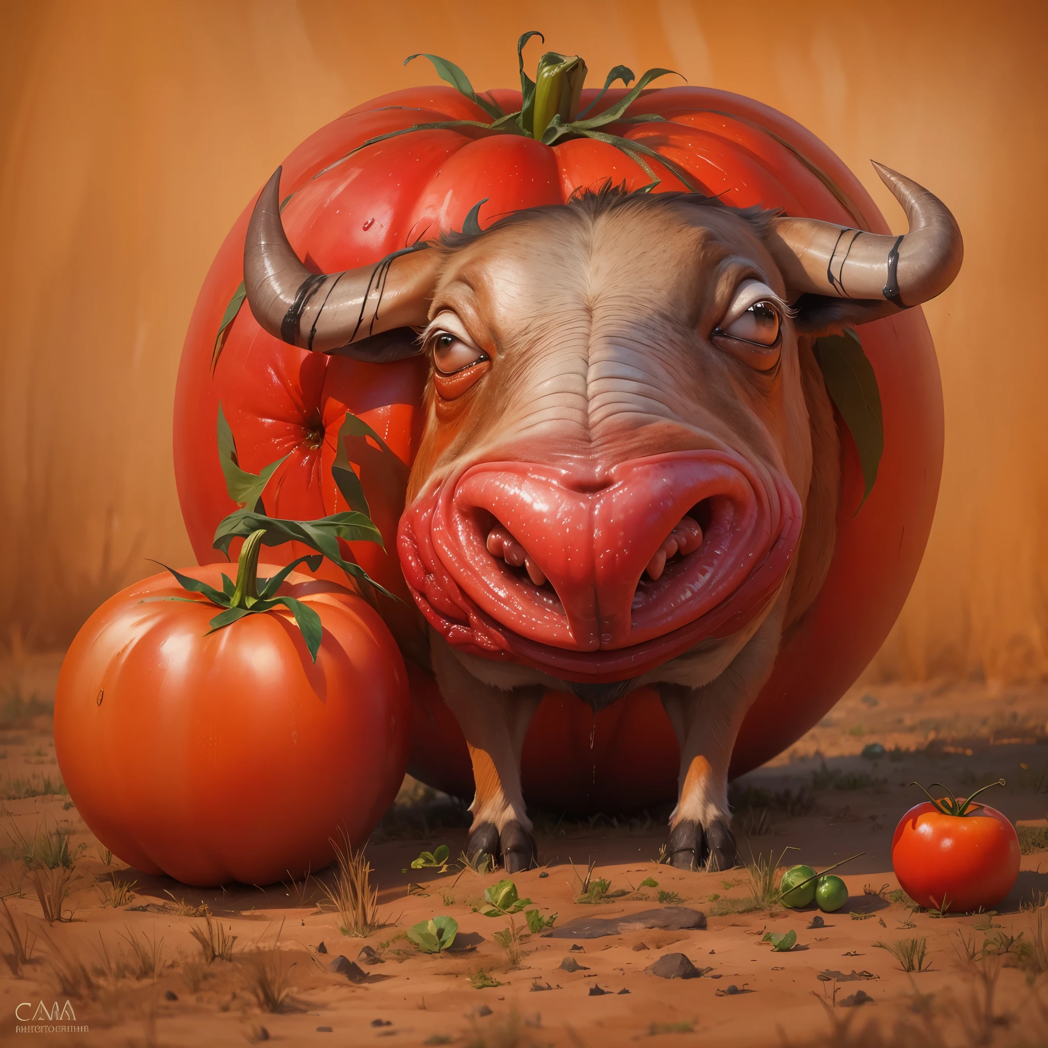 Themed Image Creation Tool Prompts "Boimate":

Estilo:

Realista: Uma imagem fotorrealista de um tomate com casca de couro e carne bovina intercalada no interior.
Cartunesco: A cartoon of an ox and a tomato hugging or merging into a single being.
Surrealista: Uma imagem surreal de um tomate gigante com chifres de boi pastando em um campo.
Abstrato: Uma pintura abstrata que represente as cores e texturas do boi e do tomate.