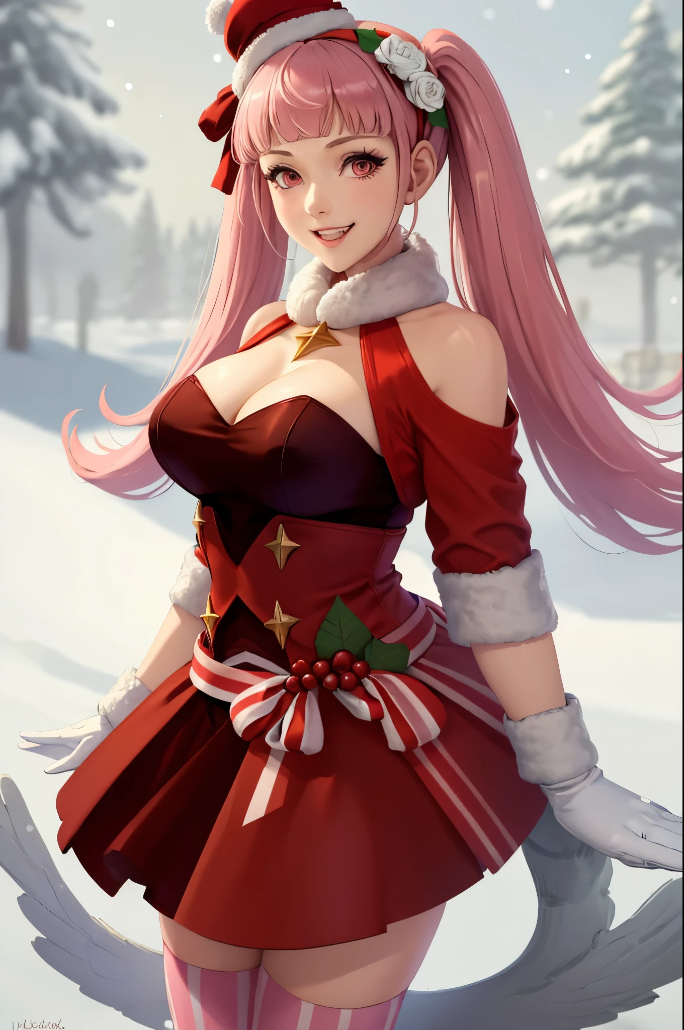 (masterpiece, best quality:1.2), christmas, snowing, solo, 1girl, hildaholiday, grin, looking at viewer, twintails, hair flower, hat, fur trim, red dress, clothing cutout, fur-trimmed sleeves, white gloves, striped thighhighs, cleavage, outdoors 