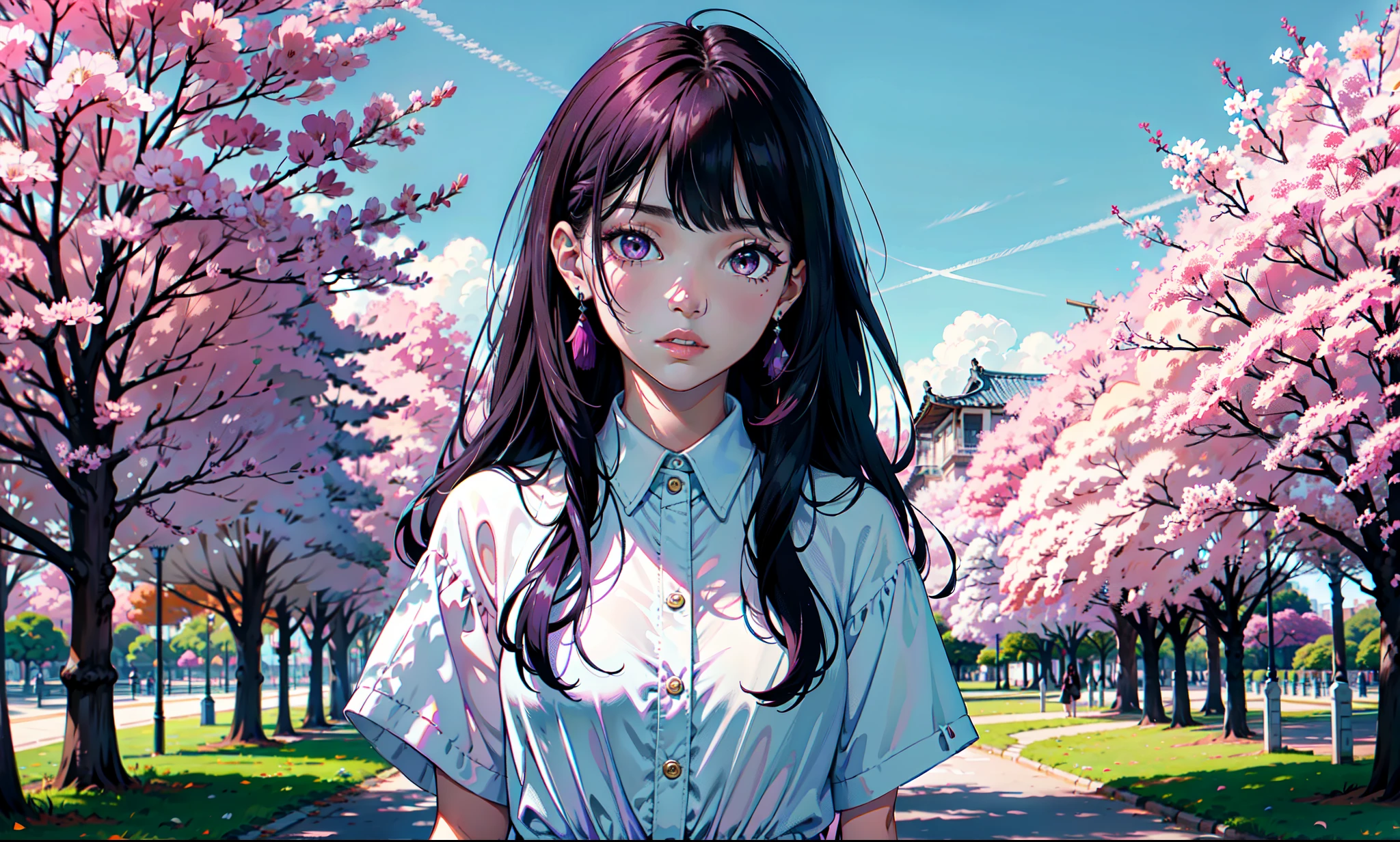 a close up of a woman con cabello largo standing in front of a nature, jennie rosa negro, jossi de blackpink, peinado recto, con cabello largo, portrait of jossi de blackpink, Cabello largo violeta, gongbi, sha xi, peinado de coletas, jaeyeon nam, TaeJune Kim, el corte de hime, parque roseanne de blackpink, A beautiful woman standing near a pink tree with purple sky