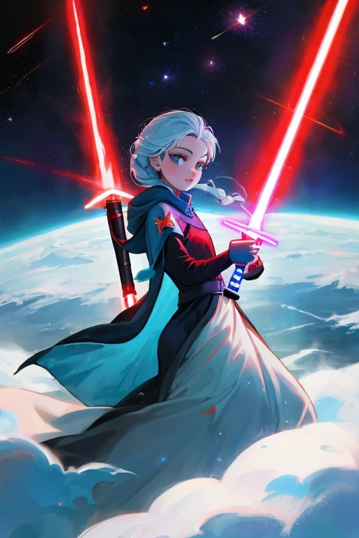 Disney princess from Frozen dressed in Sith clothes and holding a red Star Wars style lightsaber in her hands, with war spaceships in the background