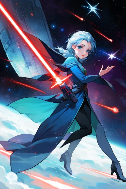 Disney princess from Frozen dressed in Sith clothes and holding a red Star Wars style lightsaber in her hands, with war spaceships in the background