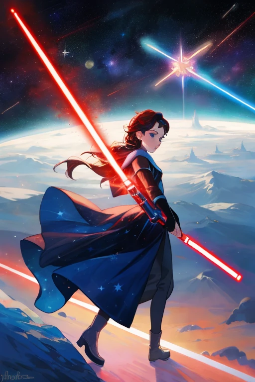 Disney princess from Frozen dressed in Sith clothes and holding a red Star Wars style lightsaber in her hands, with war spaceships in the background