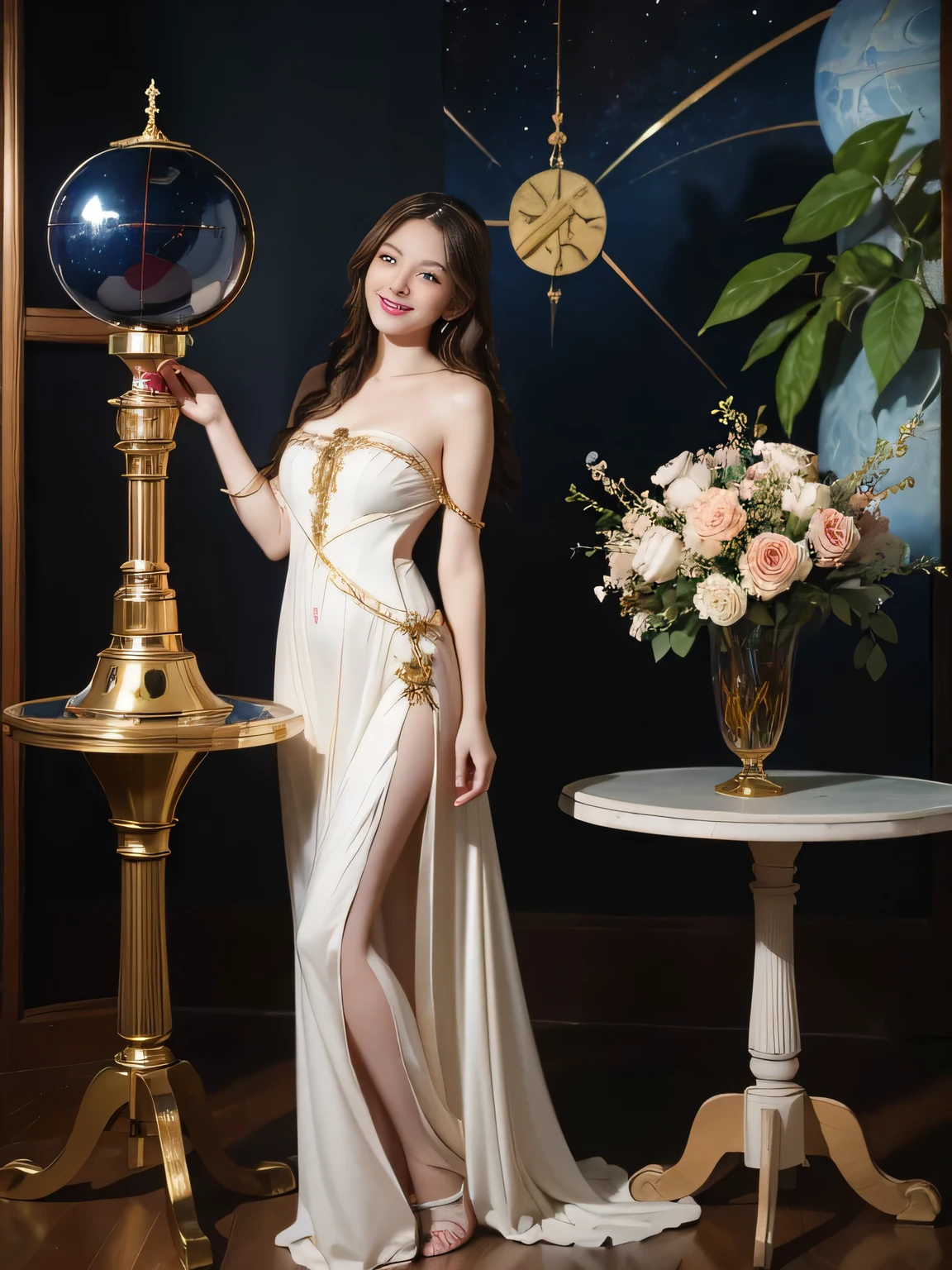 full body portrait or statue、Stained glass、Vigée Leblanc style、math、Astronomical machinery、astronaut、roses in vase、fruits、Cute trinkets、smile、ancient greek costume、Sandro Botticelli paintings、Clothes that stretch your shoulders、A big smile、expression of ecstasy、sexy、beautiful bare skin、A detailed representation of the seducing woman throughout her body.