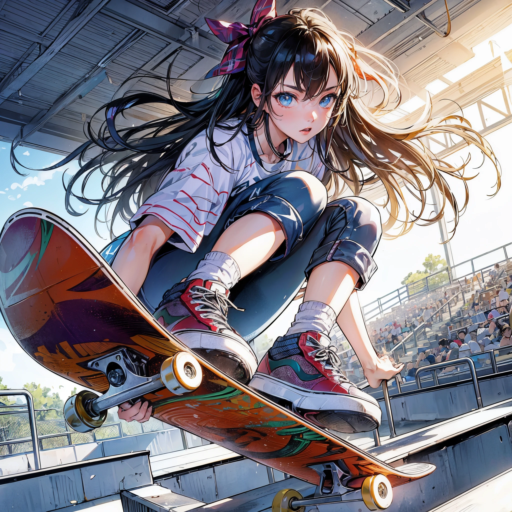 high quality,HD,16k,sharp lines,1 girl,Female surfing athlete ,cute face, medium breasts, nice legs,At the surfing venue,focus girl,detailed beautiful face,detailed clothes,beautiful eyes,cool,dynamic angle