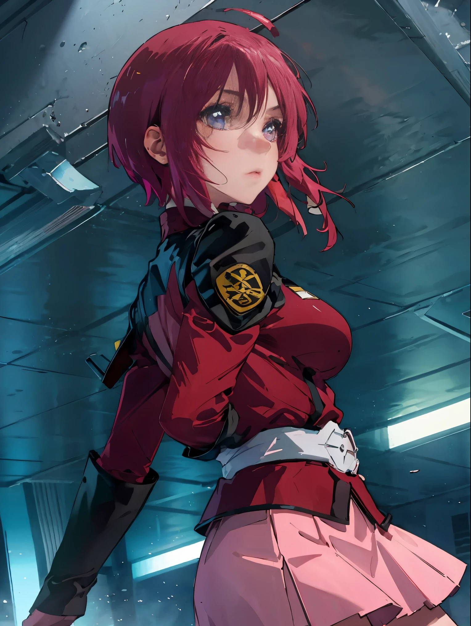 ((masterpiece)), ((best quality)), ((ultra detailed)), 8K, 16K, detailed beautiful face, detailed beautiful eyes, sl1, 1girl, short hair, red hair, ahoge, long sleeves, military uniform, pink skirt, large breasts, expressionless, fighting stance, laboratorium, viewed from side