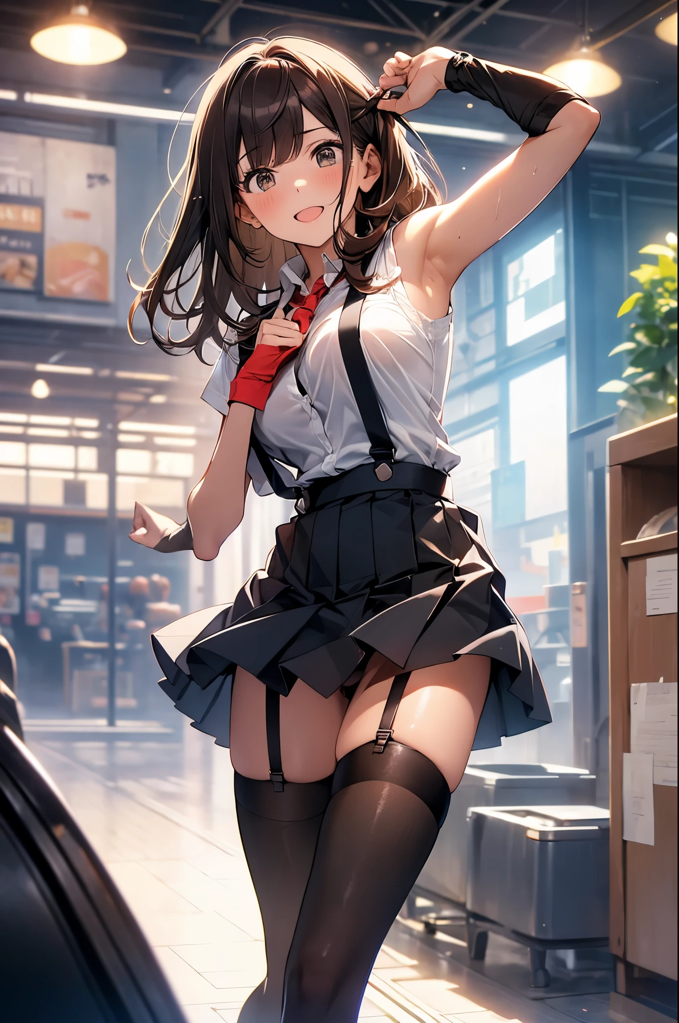 brown hair、looking at the viewer suspenders Bulging big breasts Black miniskirt garter belt knee high socks Gaze small face bangs Beauty hands up Gaze black boots provocation armpit sweat one person put your hands behind your back cutter shirt Panty shot ginka