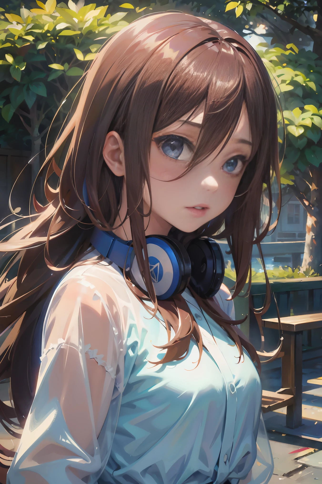 Official art, Unity 8k Wallpapers, ultra-detailliert, Beautifully Aesthetic, masterpiece, top-quality, realisitic, a closeup, Skindentation, interface, A detailed eye, A detailed face, detailed hairs, black backgrounds, straight-on, looking at the viewers, The sheen, Anime, looking at viewer with a cigarette in her mouth, highly detailed with reflections transparent iridescent opaque jacket, Long transparent iridescent RGB hair, 1girl in, Solo, fronds, Long hair, Blurry, Shirt, Parted lips, Outdoors, Floating hair, Long sleeves, White shirt, Bangs, Upper body, Open mouth, tusk, Brown eyes, Wind, Winters,Yuki,snowscape,Blurry background, day, depth of fields, bug,The Bride of Fifths,Miku Nakano,Blue headset around the neck,