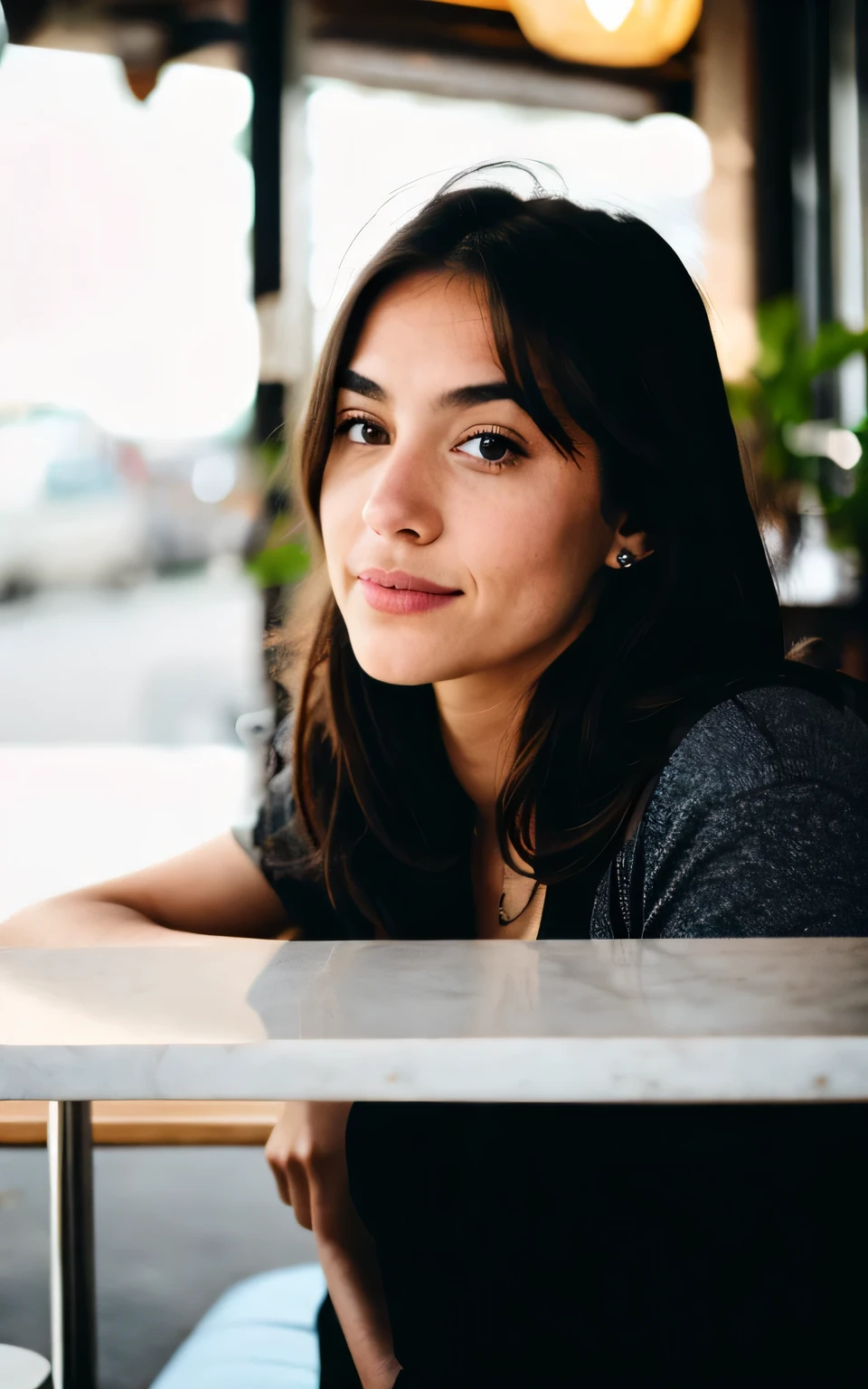 a girl in a cafe with lights 