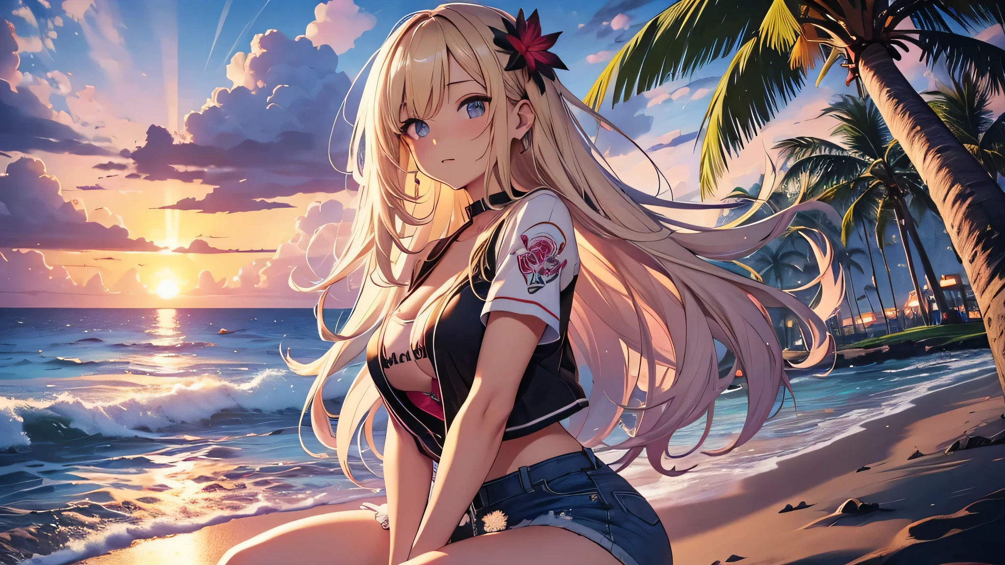 最high quality、best image quality、masterpiece、teenage girl((18-year-old、 By becoming、vest bust、medium bust,wide open breast tea、black eye, blonde hair、Habitual hair、long hair、thin,highest valley、blue shorts、attractive face、heart tattoo、black aloha shirt、physical education sitting、sweating、like、Stay close to your audience、leaning forward、hair blowing in the wind)),high quality、beautiful art、background((Hawaii、Waikiki、Palm tree、beach、sunset))debris flies、Depth of written boundary、movie、visual art、perfect art、8K,genuine