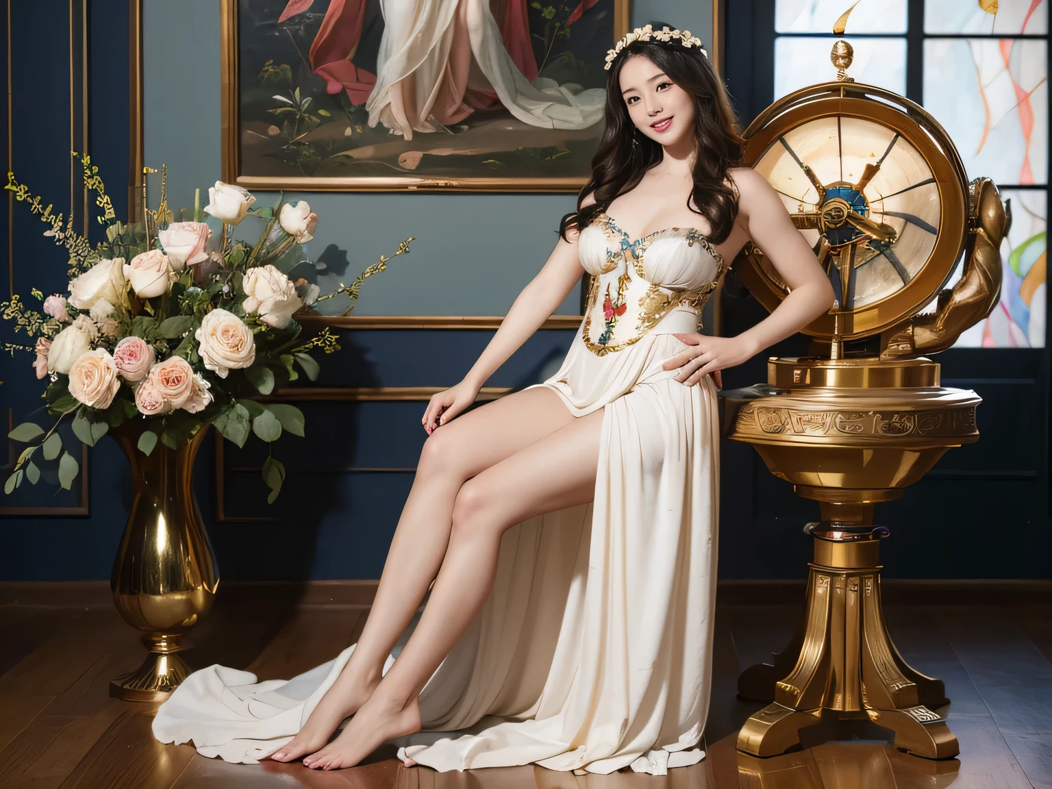 full body portrait or statue、Stained glass、Vigée Leblanc style、math、astronomical machine、astronaut、roses in vase、fruit、Cute trinkets、smile、ancient greek costume、Sandro Botticelli paintings、Costume that stretches your shoulders、A big smile、expression of ecstasy、sexy、beautiful bare skin、Detailed representation of the seducing woman throughout the body