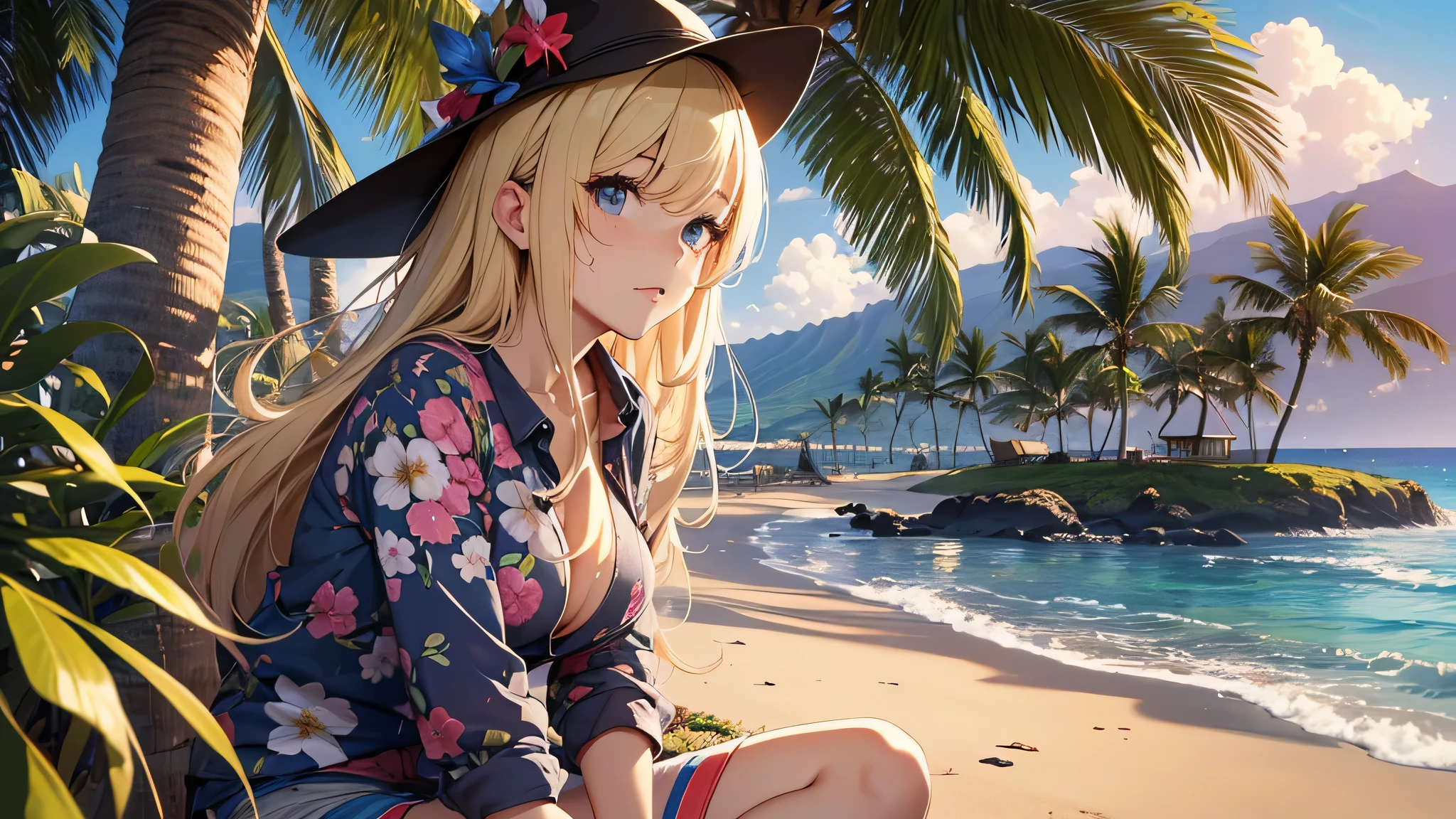最high quality、best image quality、masterpiece、teenage girl((18-year-old、 By becoming、vest bust、medium bust,wide open breast tea、black eye, blonde hair、Habitual hair、long hair、thin,highest valley、blue shorts、attractive face、heart tattoo、black aloha shirt、physical education sitting、sweating、like、Stay close to your audience、leaning forward、hair blowing in the wind)),high quality、beautiful art、background((Hawaii、Waikiki、Palm tree、beach、sunset))debris flies、Depth of written boundary、movie、visual art、perfect art、8K,genuine