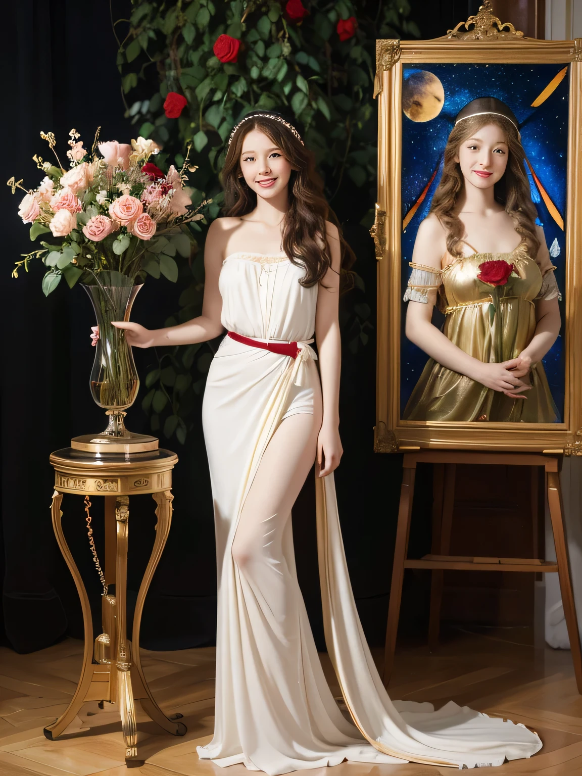 full body portrait or statue、Stained glass、Vigée Leblanc style、math、Astronomical machinery、astronaut、roses in vase、fruits、Cute trinkets、smile、ancient greek costume、Sandro Botticelli paintings、Clothes that stretch your shoulders、A big smile、expression of ecstasy、sexy、beautiful bare skin、A detailed representation of the seducing woman throughout her body.