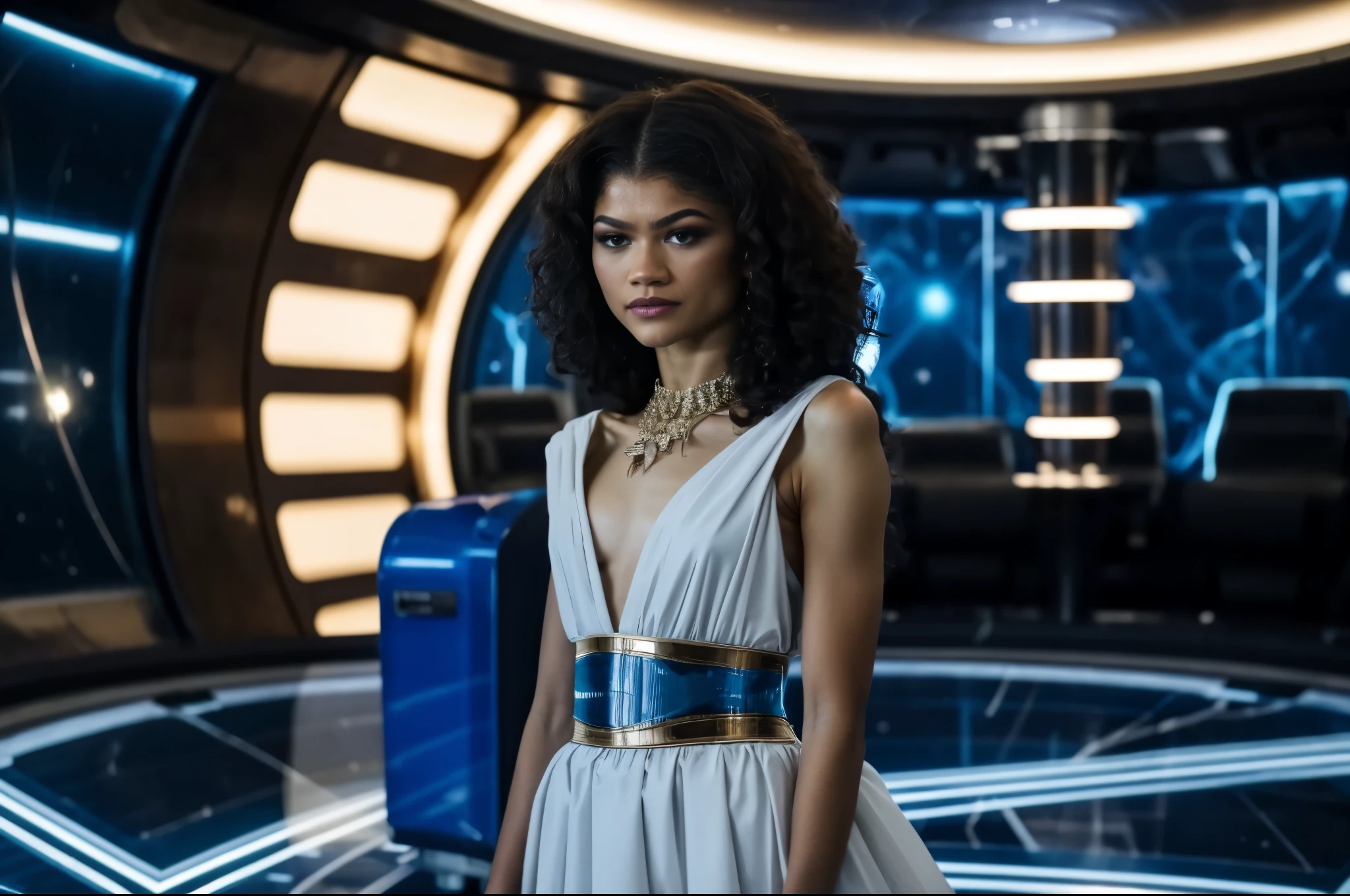 zendaya portrayed as Cleopatra,wearing a light white dress, inside a spaceship with blue light, in front of a table with a large blue sphere rotating in the center, phothotorealistic scene, dramatic, cinematic, 4k resolution, hyperdetailed, dramatic scene, full body, front view