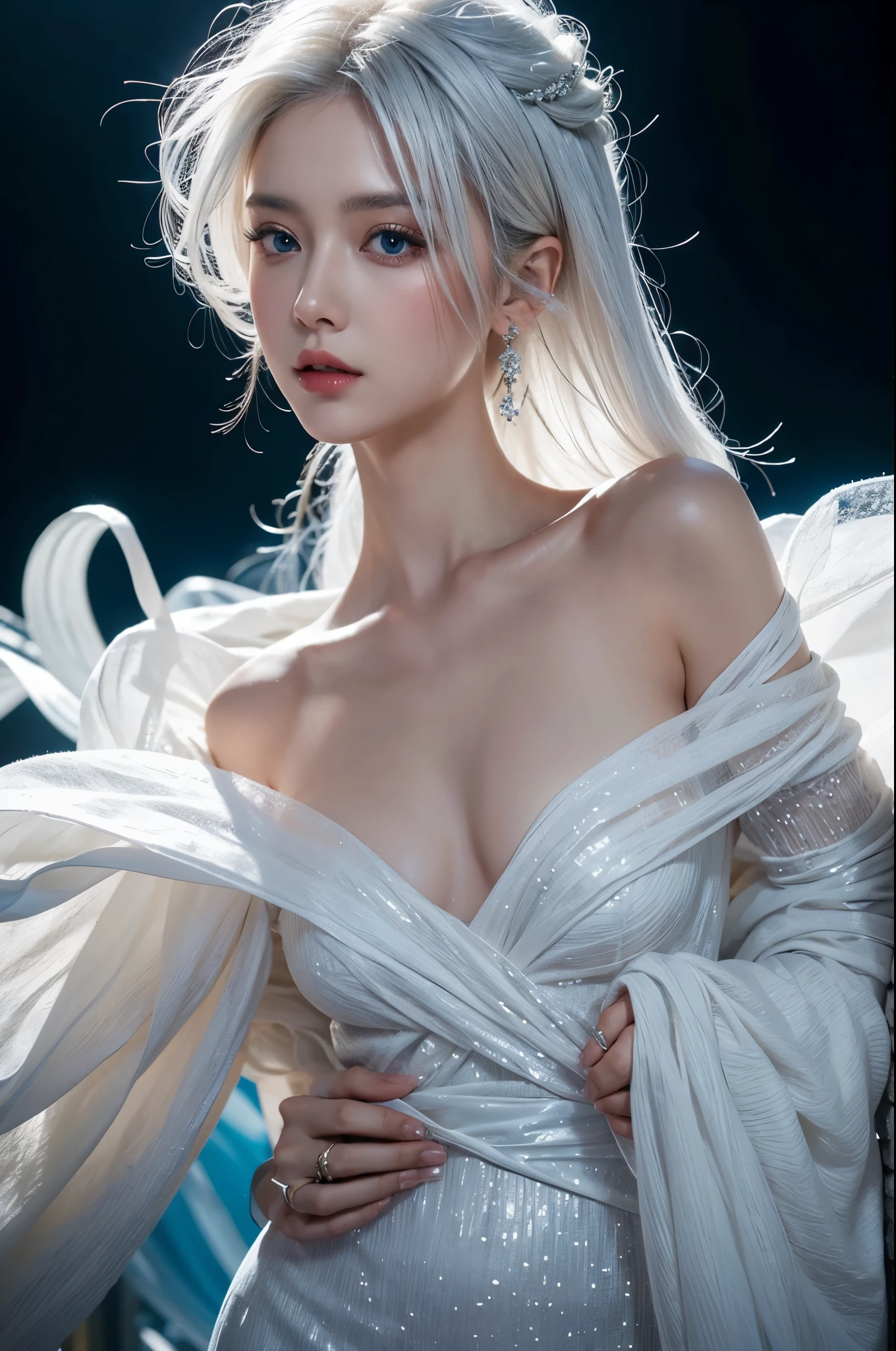 a woman,white hair,upper body,blue eyes,splash of paint,wedding dress made of crystal,intricate design,black background,nude,performance,wide hips