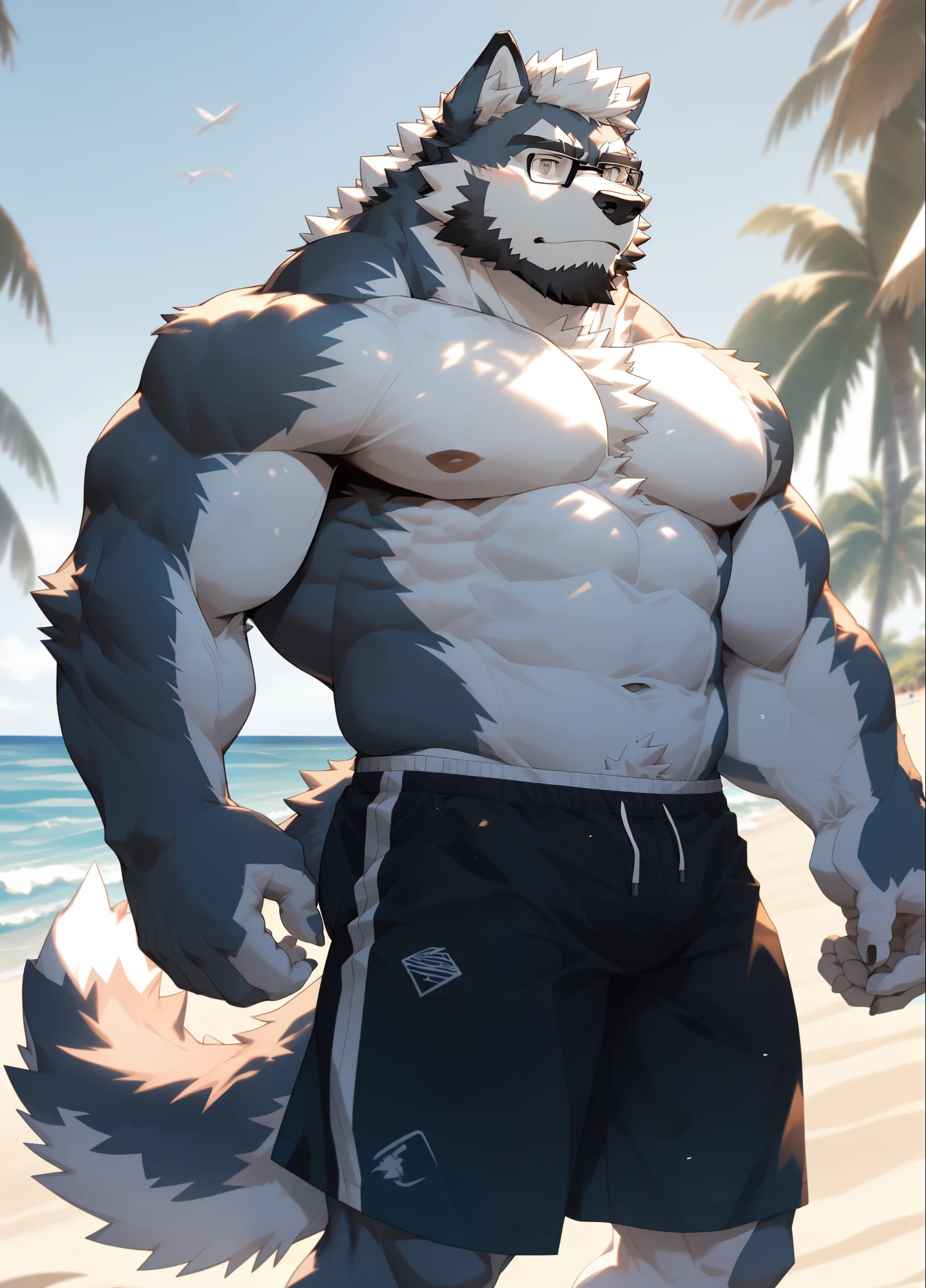 hairy,(Wolf,Black-rimmed glasses,Naked upper body,white sports shorts),beard,white fur,male,Common,full-body shot, dynamic poses,seaside,beach,Sunlight,Detailed background,极其lifelike阴影,masterpiece,Very detailed,lifelike
