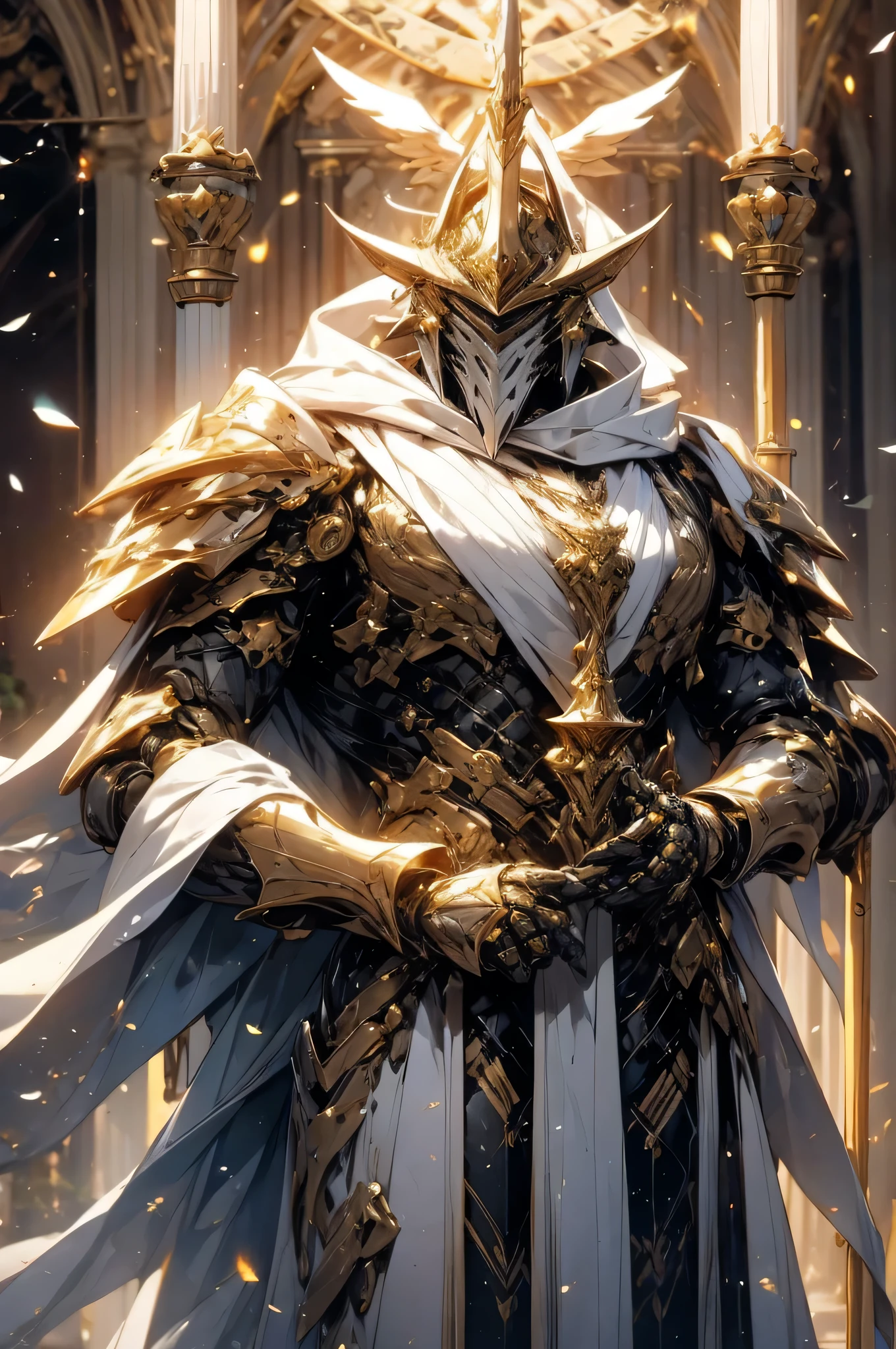 Man with a beard, shining intelligence, crown among creatures, Staff of Enhanced Ability, light of unity, robes of glory, machinery, robot, Armor, whitr Armor, angel, Warrior, knightage, big sholder Armor