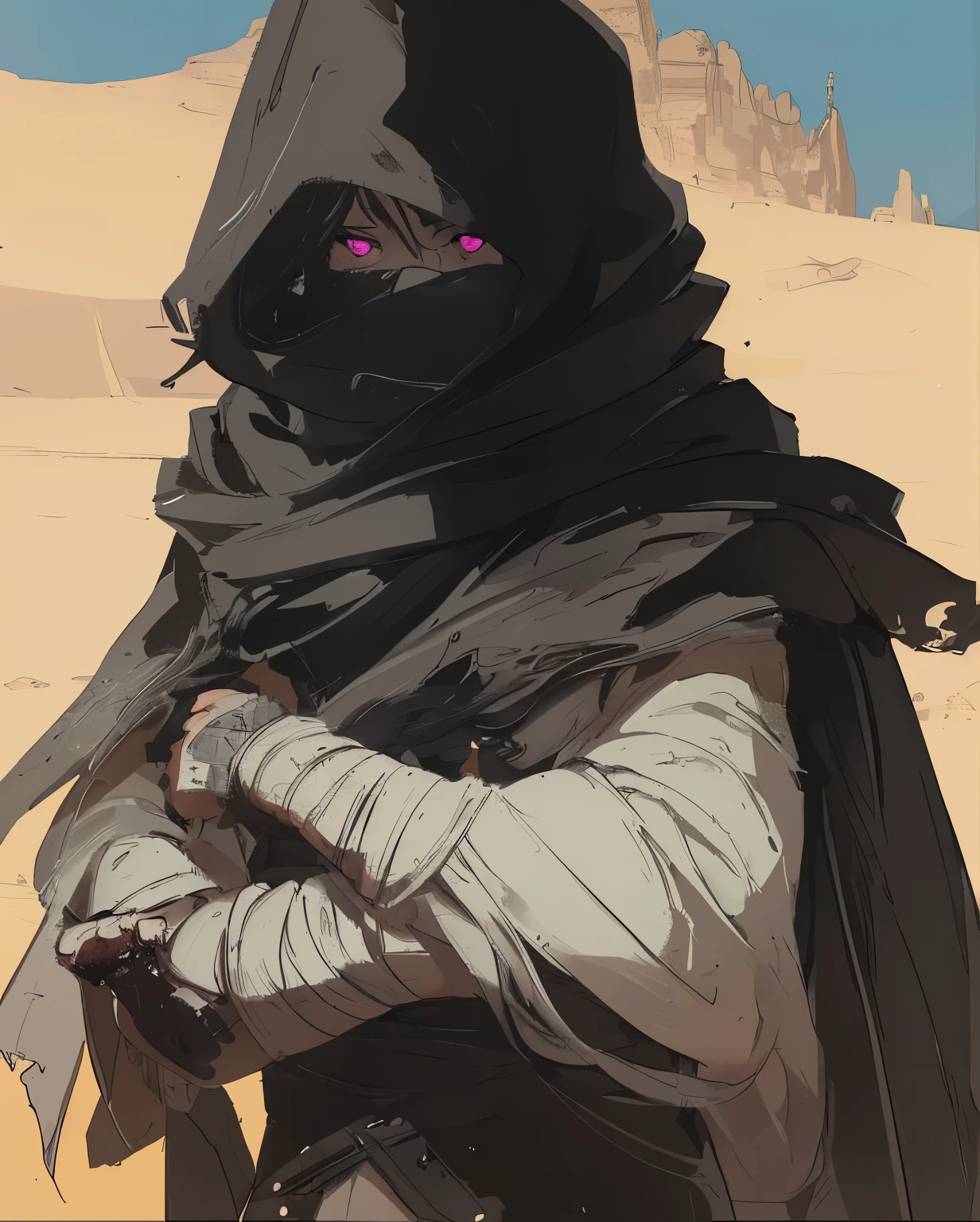 a close up of a person in a black and white outfit, portrait of bedouin d&d, artgerm craig mullins, martin ansin, desert nomad, craig mullins style, artwork in the style of guweiz, krenz cushart and artem demura, artgerm and craig mullins, desert fighter ancient mage, Pink glowing eyes, Visible eyes, Black colour outfit