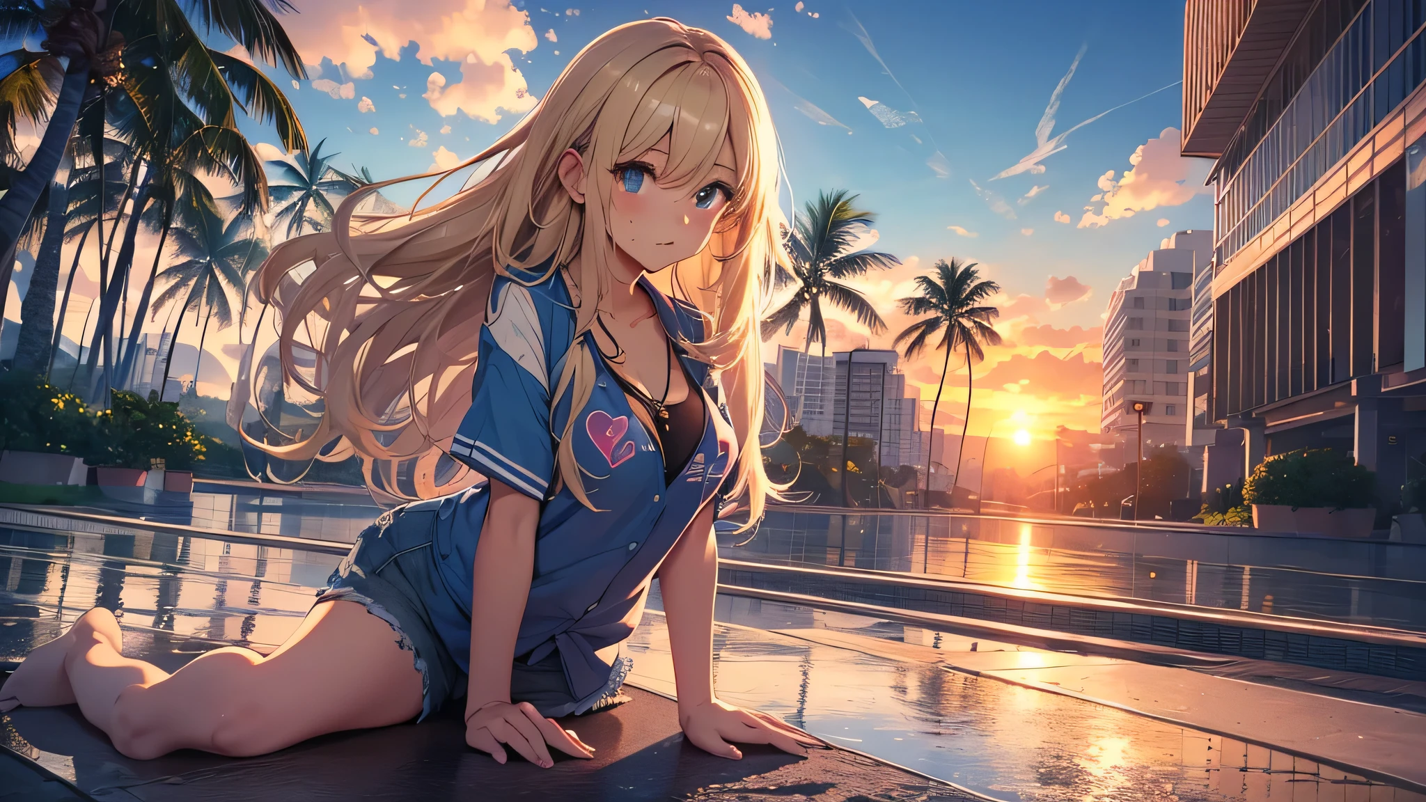 最high quality、best image quality、masterpiece、age girl((18-year-old、 By becoming、vest bust、medium bust,wide open breast tea、black eye, blonde hair、Habitual hair、long hair、thin,highest valley、blue shorts、attractive face、heart tattoo、black aloha shirt、physical education sitting、sweating、like、Stay close to your audience、leaning forward、hair blowing in the wind)),high quality、beautiful art、background((Hawaii、Waikiki、Palm tree、beach、sunset))debris flies、Depth of written boundary、movie、visual art、perfect art、8K,genuine