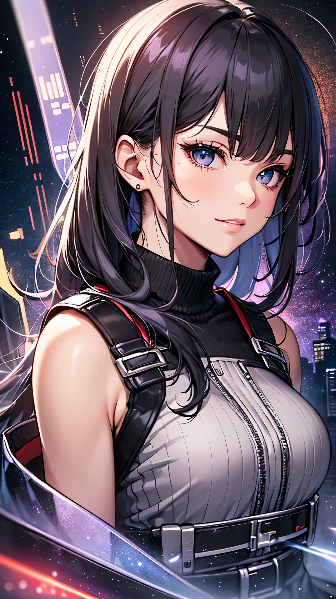 最high quality、best image quality、masterpiece、age girl((18-year-old、 By becoming、vest bust、medium bust,wide open breast tea、black eye, Glistening hair、Habitual hair、thin,highest valley、Have a smartphone、smug face、Holding a penlight、virtual fashion、look back at the whole body)),high quality、beautiful art、background((Large PV studio、Red laser、black virtual space))debris flies、Depth of written boundary、movie、visual art、perfect art、8K,genuine