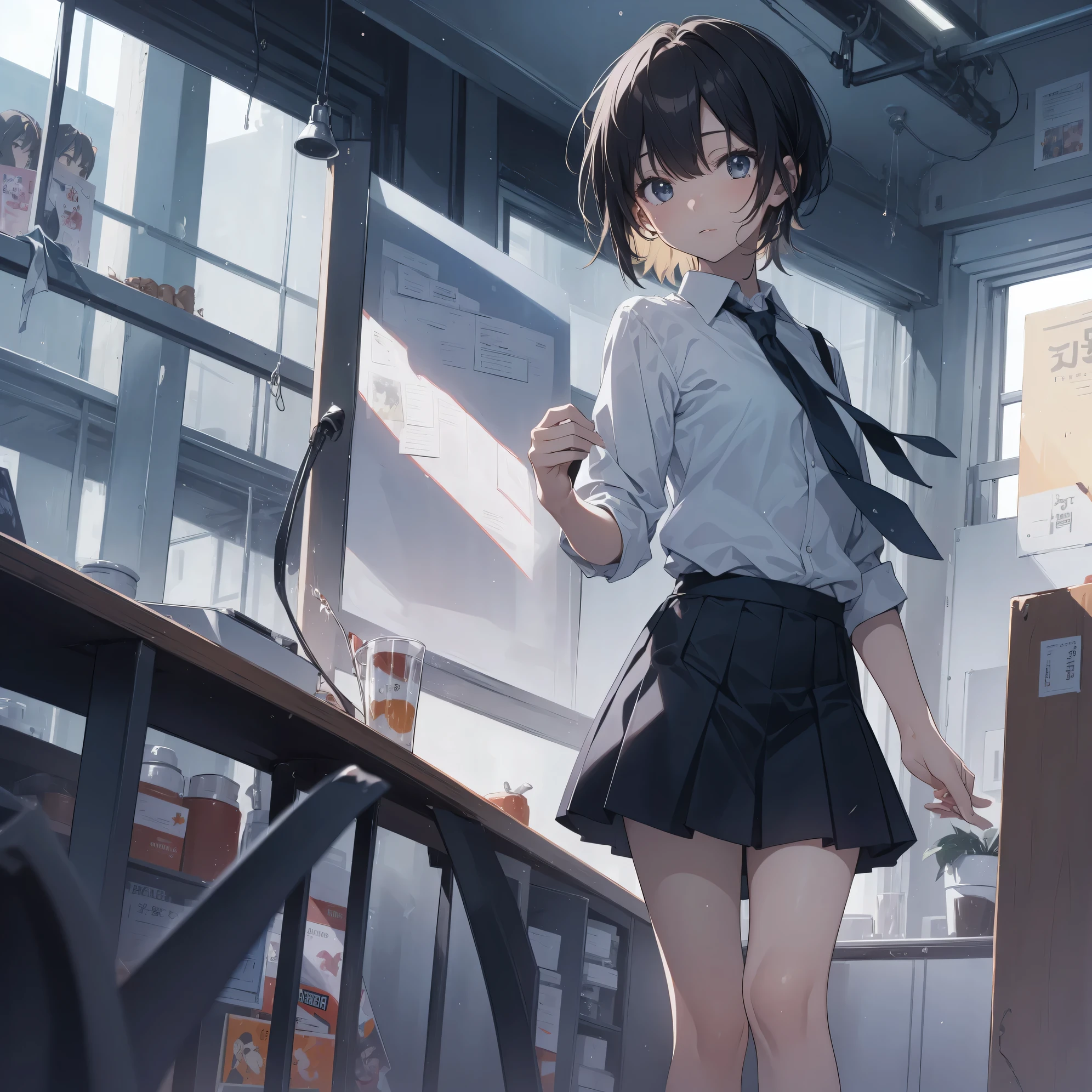 Super high quality by the art god, super detailed, High resolution, Shinkai Makoto style, anime moe art style, best anime 8K konachan wallpaper, pixiv contest winner, perfect anatomy, break,(眠そうにalone学校へ行く女の子を描いてください. )break, 1 girl, (alone,little woman, lolita, , 13 years old:1.3),All limbs, full finger,, The charm of an immature body, (very short hair), flat chest, small ass, between legs, Small black eyes, beautiful and fine eyes, Well-proportioned iris and pupils, expressive eyes, High resolutionの詳細な髪, wearing school uniform, (skirt),(detailed lighting), (detailed background), On the way to school. break,super dense skin, Best lighting by famous artists, 8K, figure,UHD, rough skin