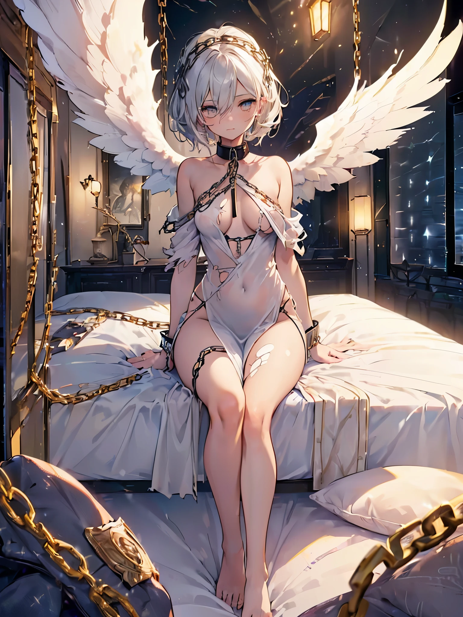 ((highest quality)),(ultra high resolution),(Super detailed),(detailed description),((best CG)),(best work of art),super precision art,great drawing art,(Fantasy art with precise details:1.5), (1 Female Angel:1.6),(beautiful and well-shaped face:1.5),small breasts:1.6,(collar with chain:1.4),(Lifeless eyes:1.3),folded wings:1.3,(torn cloth clothes:1.5), ((bed in dark room:1.8)),Flickering flames:1.1