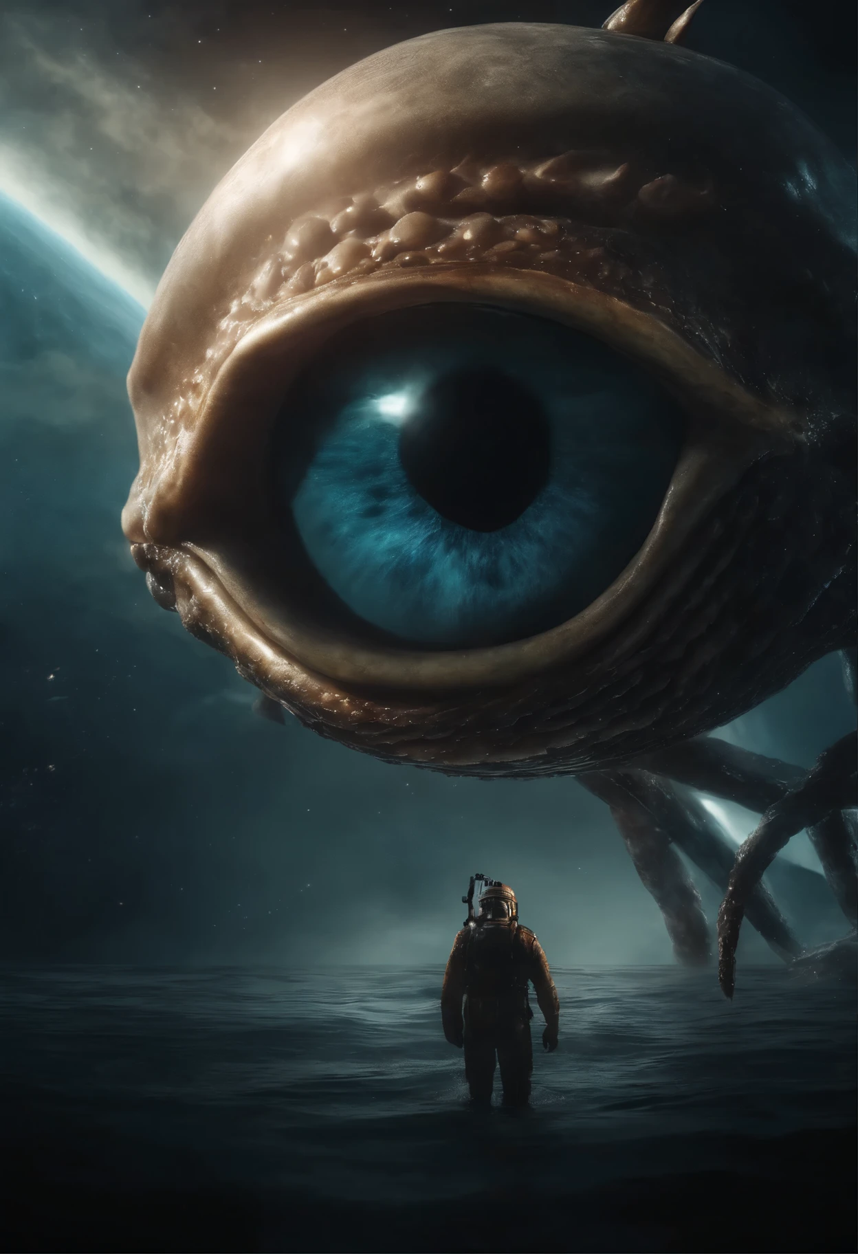 (giant eye with eight wings, tentacles, tearing apart the world), eyes, squeezed eyes, missile, shot, detailed giant squid, cosmic creature, space, extraterrestrial, shooting stars, tentacles, cosmic dust, watery depths, dark and mysterious, alive colors, epic scene, dramatic lighting, realistic, high definition, masterpiece:1.2,