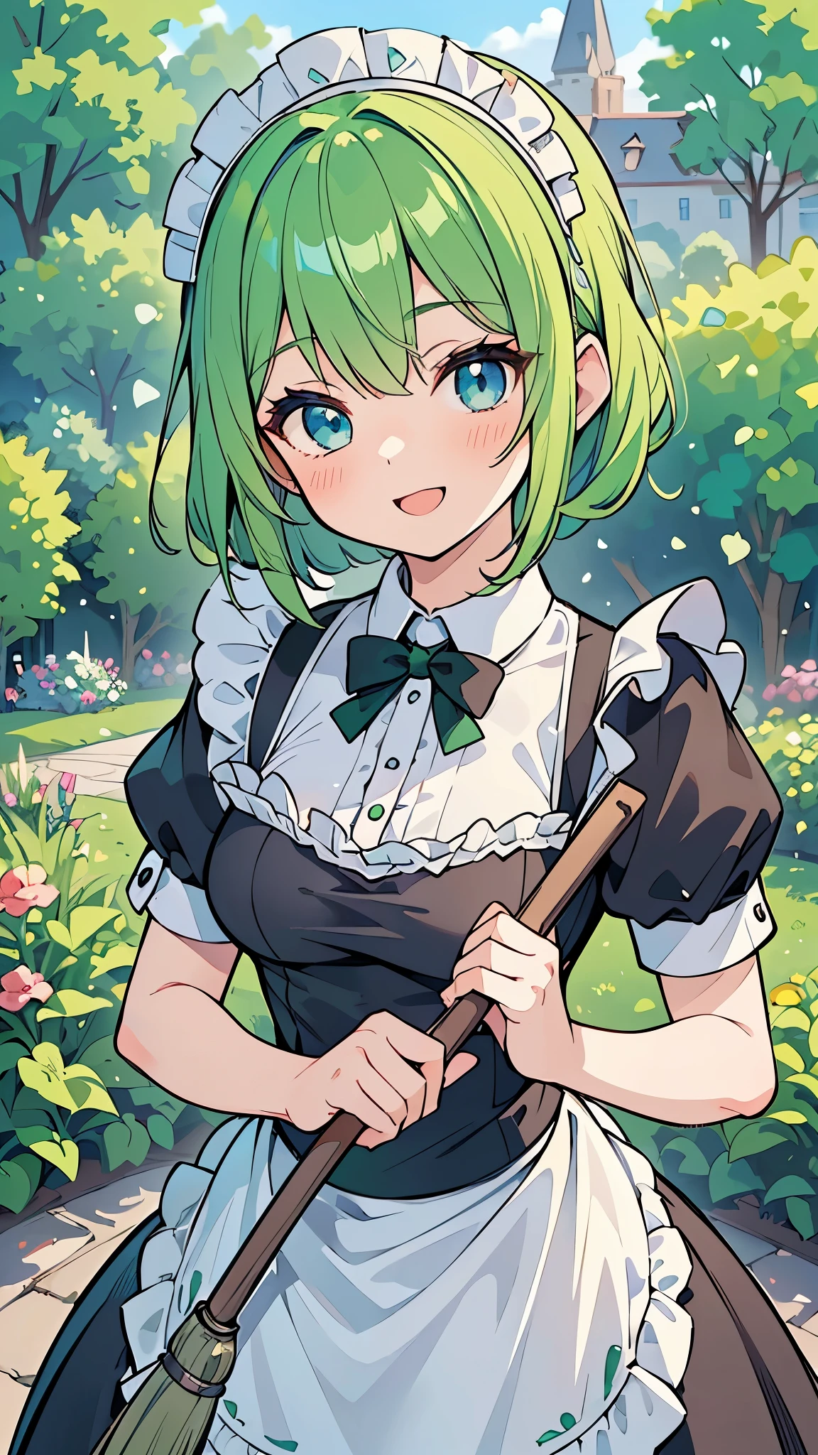 ((A Pretty maid with green hair and blue eyes)), ((wearing maid dress)), having a large broom, Baby face, ((master piece, top-quality, ultra-definition, high resolution)), anime girl, ((ultra-detailed illust:1.2)), only one person, bangs, hair between eye, beautiful hair, Shiny eyes, Medium breasts, Big smile, opened mouth, in the garden, castle