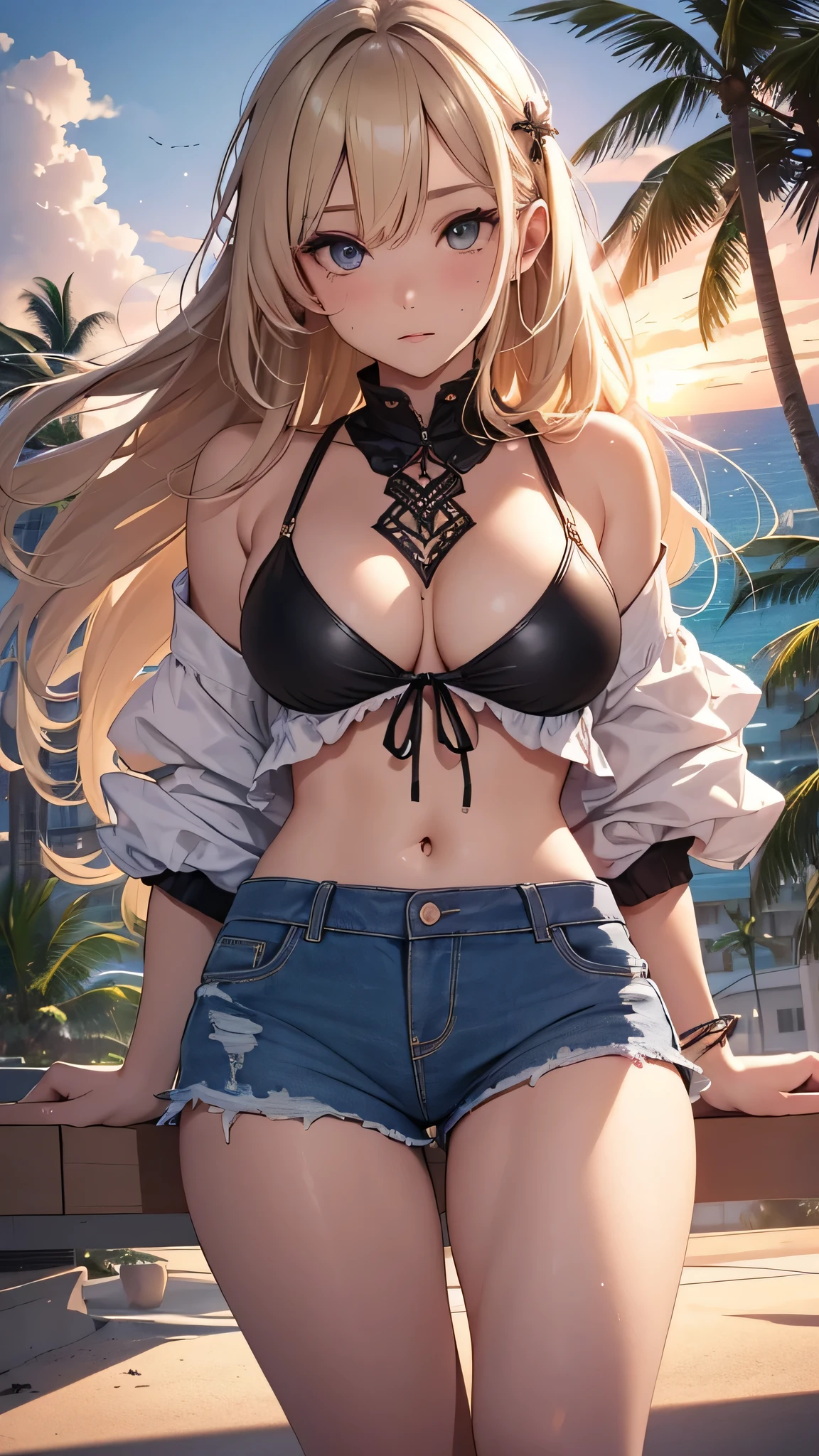 最high quality、best image quality、masterpiece、age girl((18-year-old、 By becoming、vest bust、medium bust,wide open breast tea、black eye, blonde hair、Habitual hair、long hair、thin,highest valley、blue shorts、attractive face、heart tattoo、black aloha shirt、sweating、like、Lie、hair blowing in the wind)),high quality、beautiful art、background((Hawaii、Waikiki、Palm tree、beach、sunset))debris flies、Depth of written boundary、movie、visual art、perfect art、8K,genuine