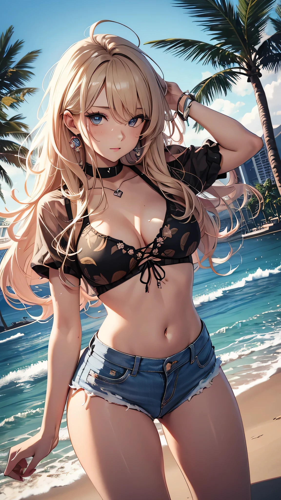 最high quality、best image quality、masterpiece、age girl((18-year-old、 By becoming、vest bust、medium bust,wide open breast tea、black eye, blonde hair、Habitual hair、long hair、thin,highest valley、blue shorts、attractive face、heart tattoo、black aloha shirt、sweating、like、Lie、hair blowing in the wind)),high quality、beautiful art、background((Hawaii、Waikiki、Palm tree、beach、sunset))debris flies、Depth of written boundary、movie、visual art、perfect art、8K,genuine