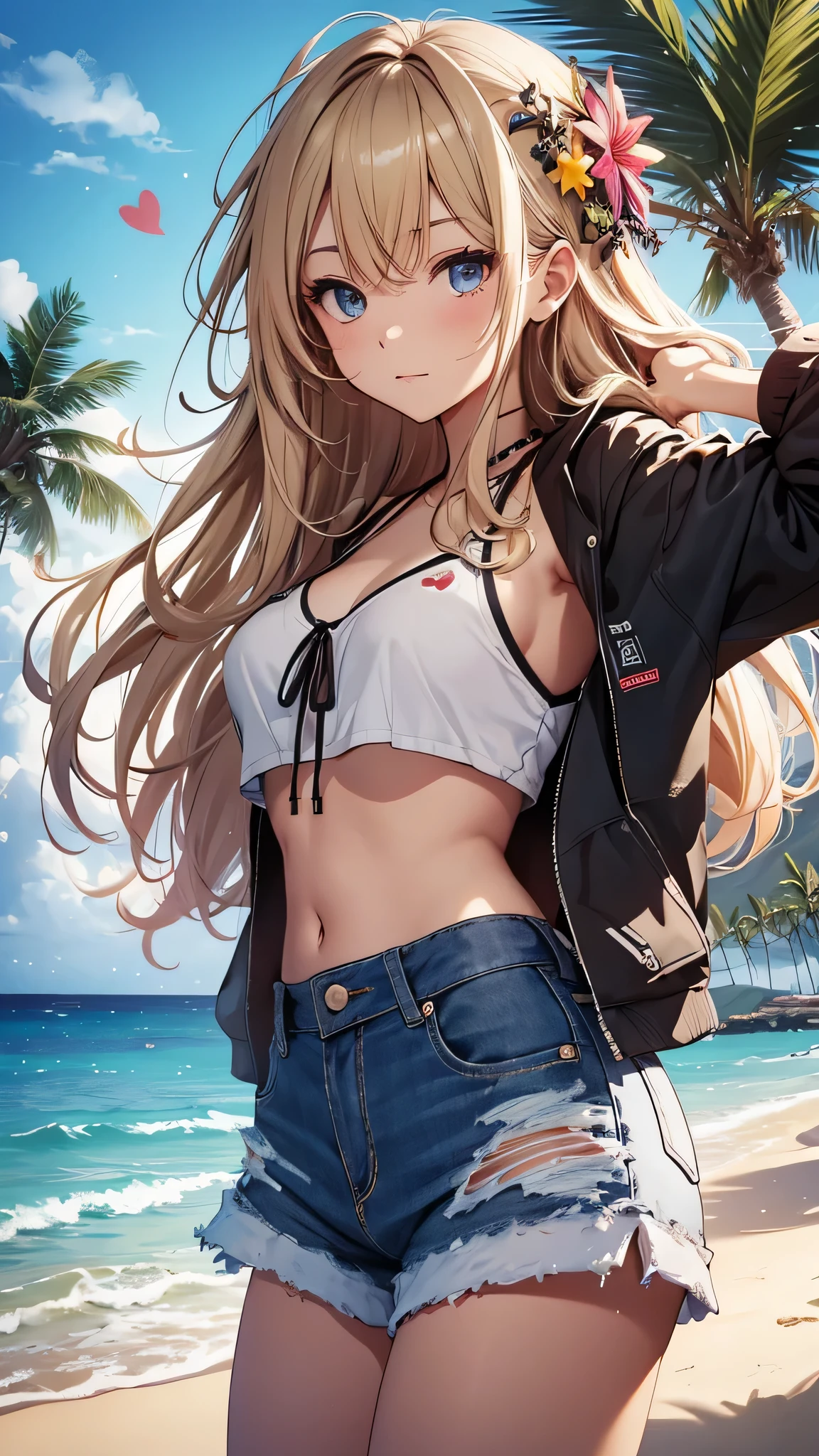 最high quality、best image quality、masterpiece、age girl((18-year-old、 By becoming、vest bust、medium bust,wide open breast tea、black eye, blonde hair、Habitual hair、long hair、thin,highest valley、blue shorts、attractive face、heart tattoo、black aloha shirt、sweating、like、Lie、hair blowing in the wind)),high quality、beautiful art、background((Hawaii、Waikiki、Palm tree、beach、sunset))debris flies、Depth of written boundary、movie、visual art、perfect art、8K,genuine