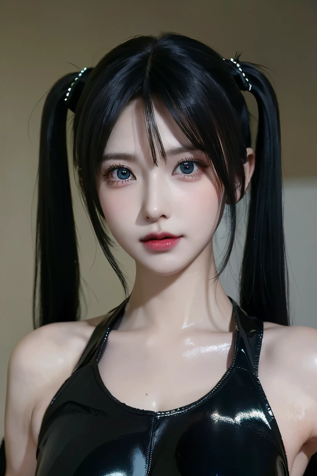 highest quality,masterpiece,ultra high resolution,(realistic:1.4),1 girl,shoulder,attractive,look at the camera,(((twin tails))),(((Black shiny hair)))、(((cool eyes)))、green dress