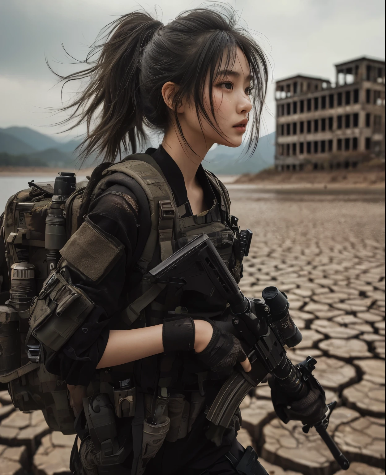 (best quality, photo-realistic:1.37),ultra-detailed,natural light,beautiful Japanese girl with realistic skin texture,dressed in military uniform,running across a dried-up lake,cracked and parched lake bed,old buildings visible in the distance,backpack,assault rifle,body armor,dynamic action pose