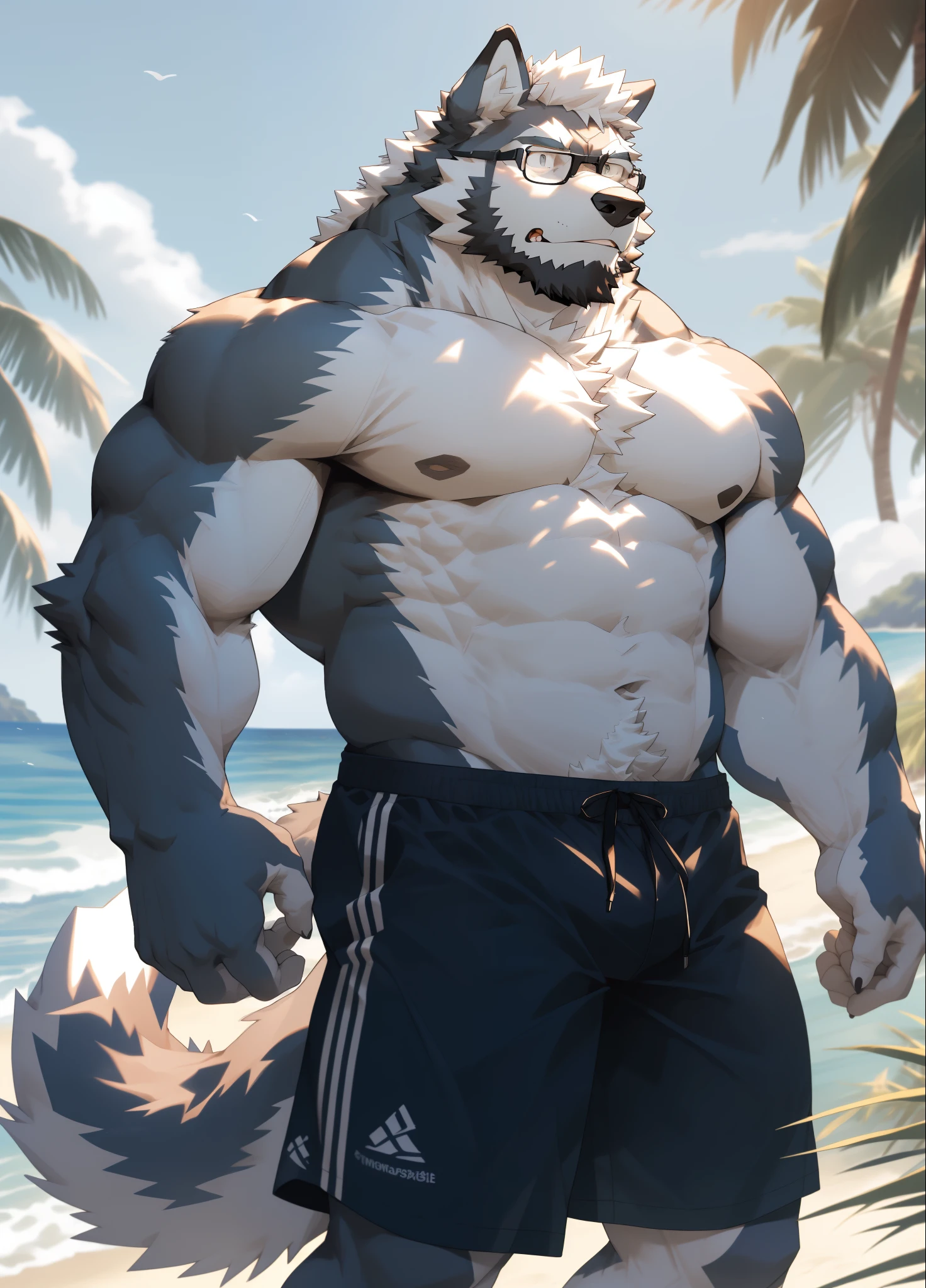 hairy，（Wolf，Black-rimmed glasses，Naked upper body，white sports shorts），beard，white fur，male，Common，full-body shot， dynamic poses，seaside，beach，Sunlight，Detailed background，极其lifelike阴影，masterpiece，Very detailed，lifelike