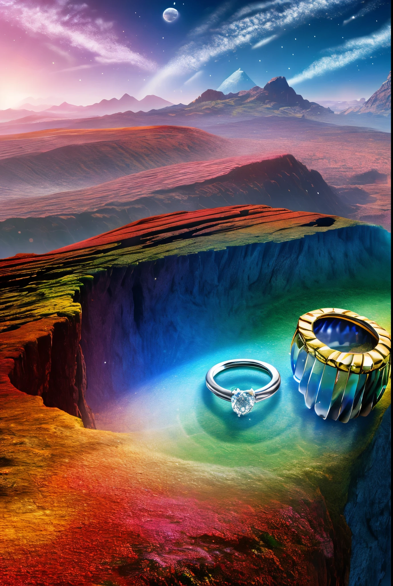 High image qualityhigh-resolution fantasy A landscape with a ring of colorful diamond grains surrounding the ring.
