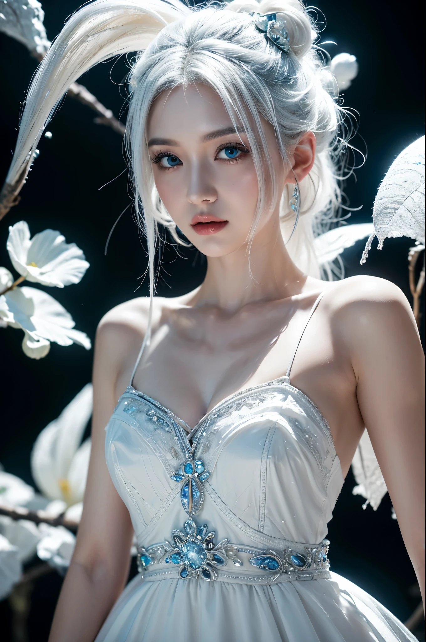 a woman,white hair,upper body,blue eyes,splash of paint,wedding dress made of crystal,intricate design,black background,nude,performance,wide hips