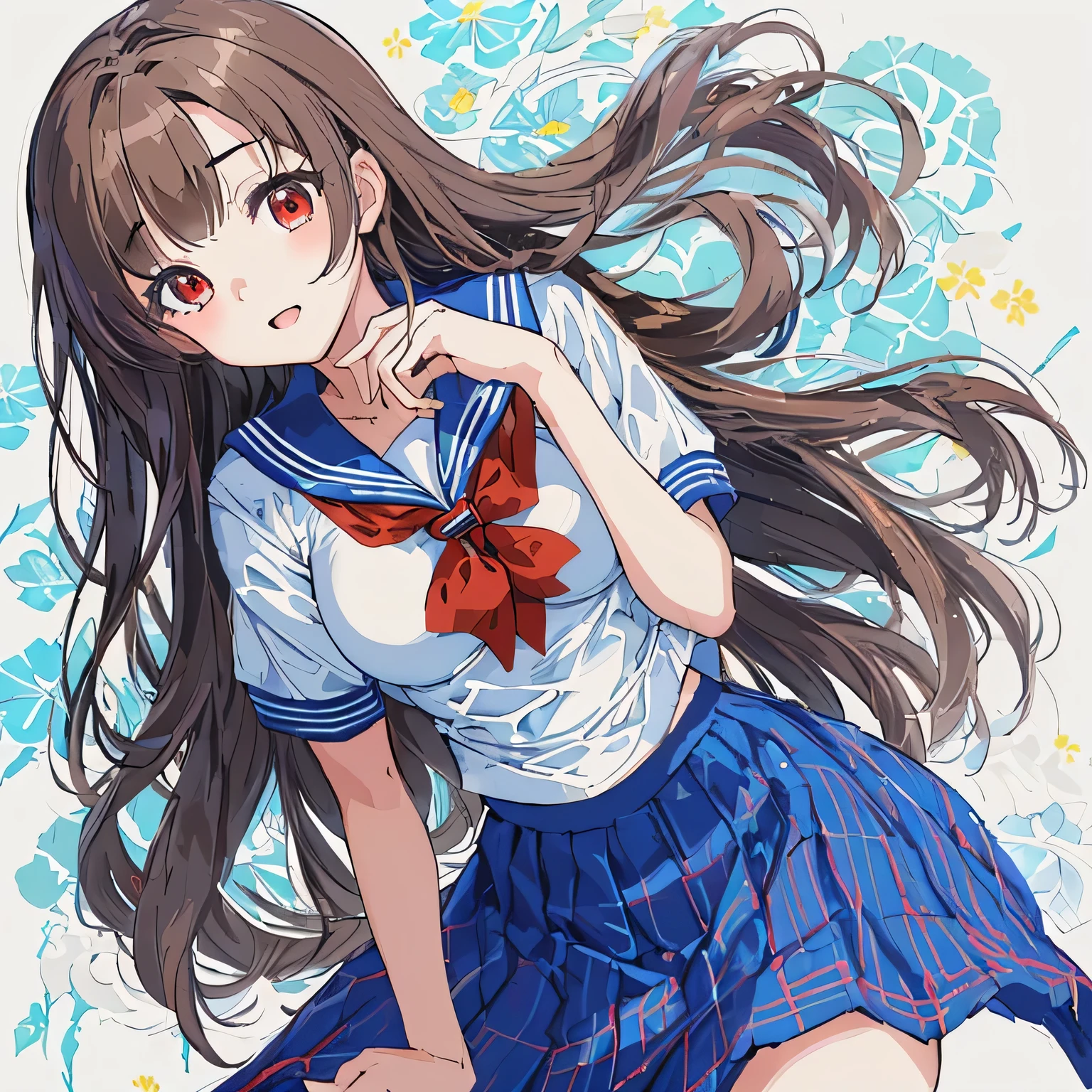 masterpiece, highest quality,figure,sailor suit,slanted eyes,straight hair,brown hair,side parted,super dense skin,beautiful and fine eyes,short sleeve shirt,red eyes,(big breasts:1.2), (A raised and well-defined bust:1.2), (Lifted chest:1.2), (perky chest :1.2),open chest,cover one's chest with one's hands,high school girl