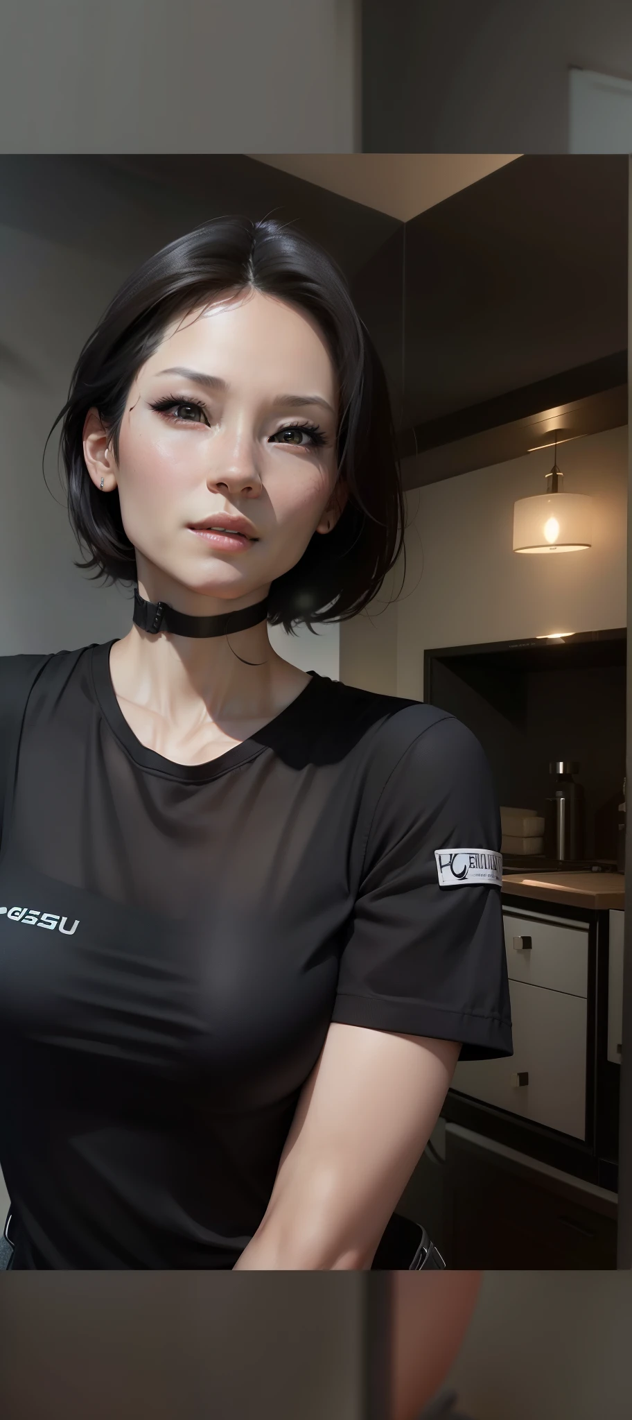 Change background, lucyl1u change dressing in black shirt and creat descent look, realistic face,8k , ultra realistic