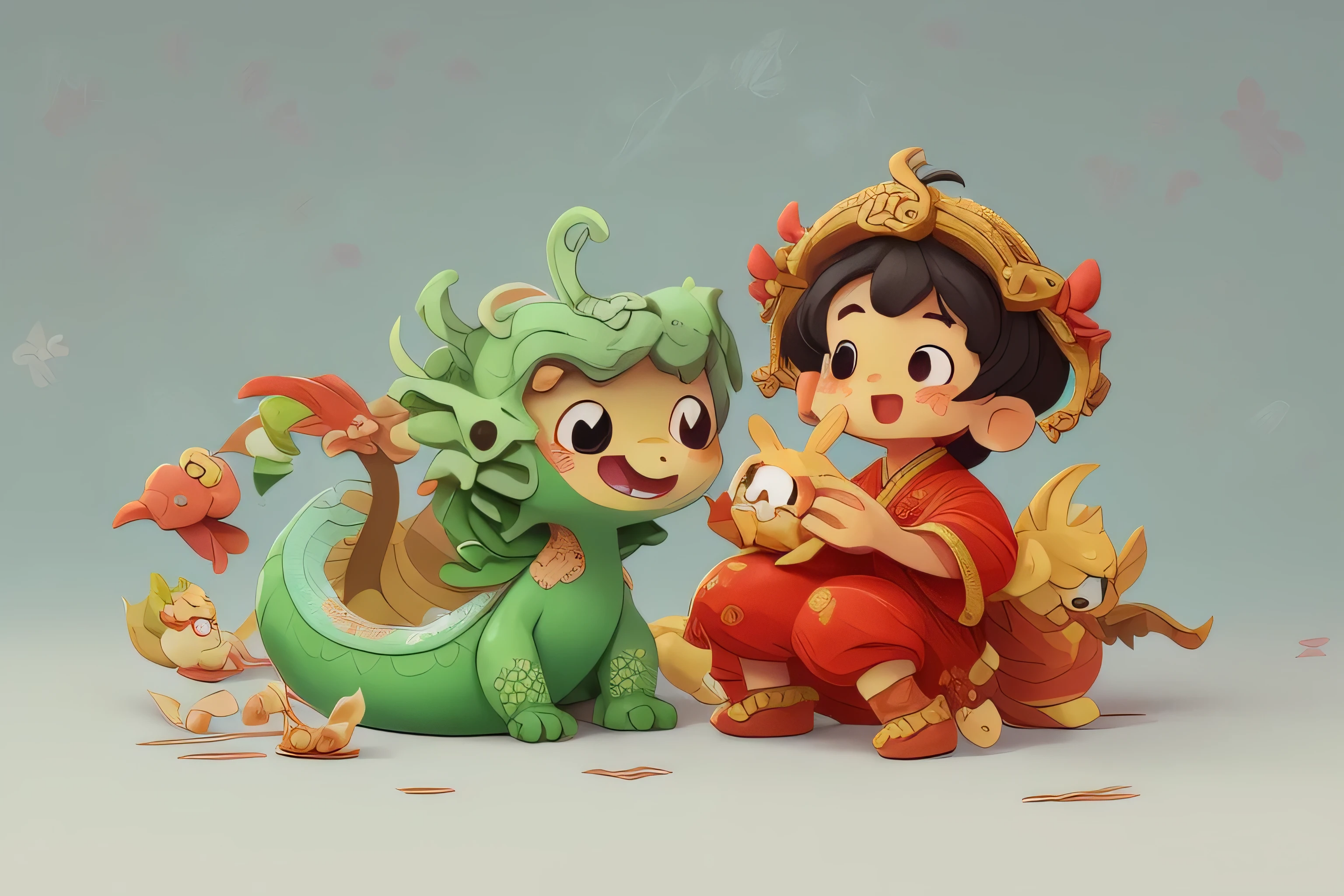 Create a New Year blessing picture using dragon couplets,Everyone has a cute 3D dragon doll.。